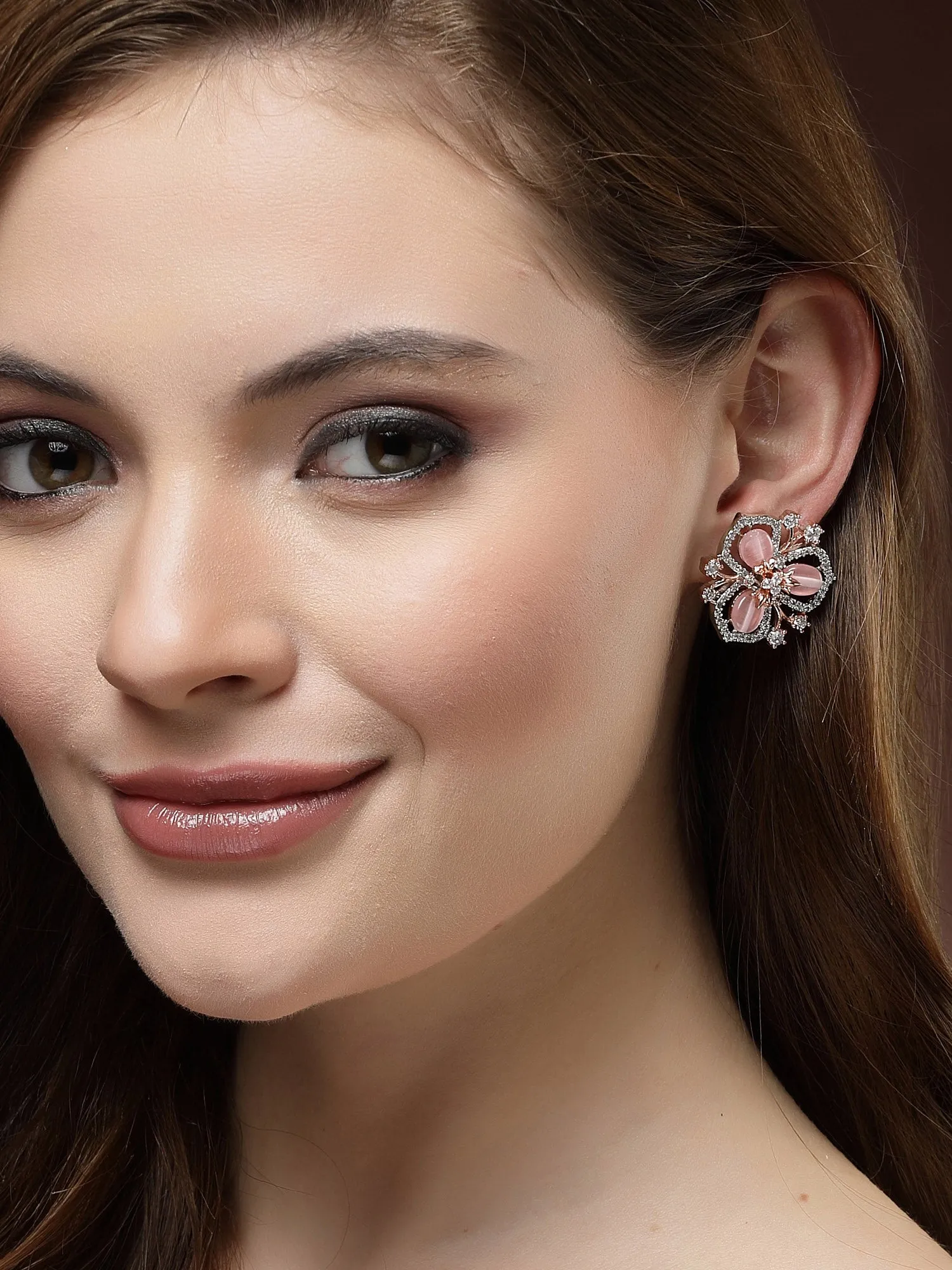 Karatcart Silver & Rose Gold Plated Pink Stone Floral Design Cubic Zirconia Stud Earrings