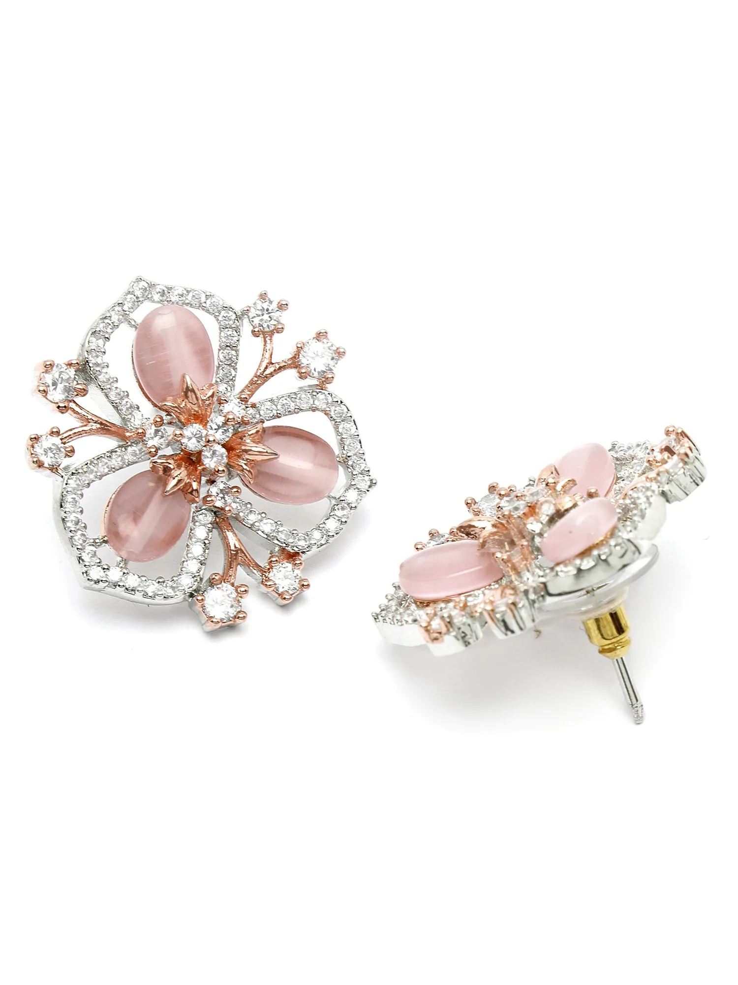Karatcart Silver & Rose Gold Plated Pink Stone Floral Design Cubic Zirconia Stud Earrings