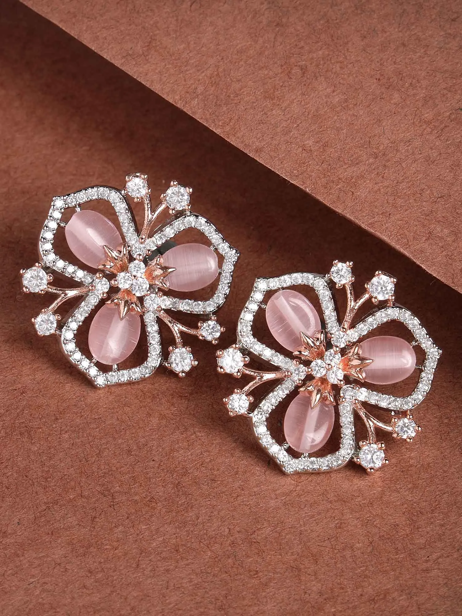 Karatcart Silver & Rose Gold Plated Pink Stone Floral Design Cubic Zirconia Stud Earrings