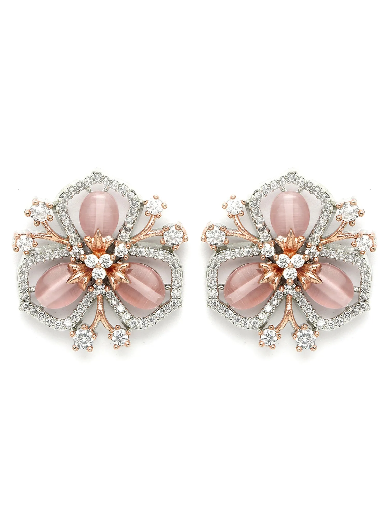 Karatcart Silver & Rose Gold Plated Pink Stone Floral Design Cubic Zirconia Stud Earrings