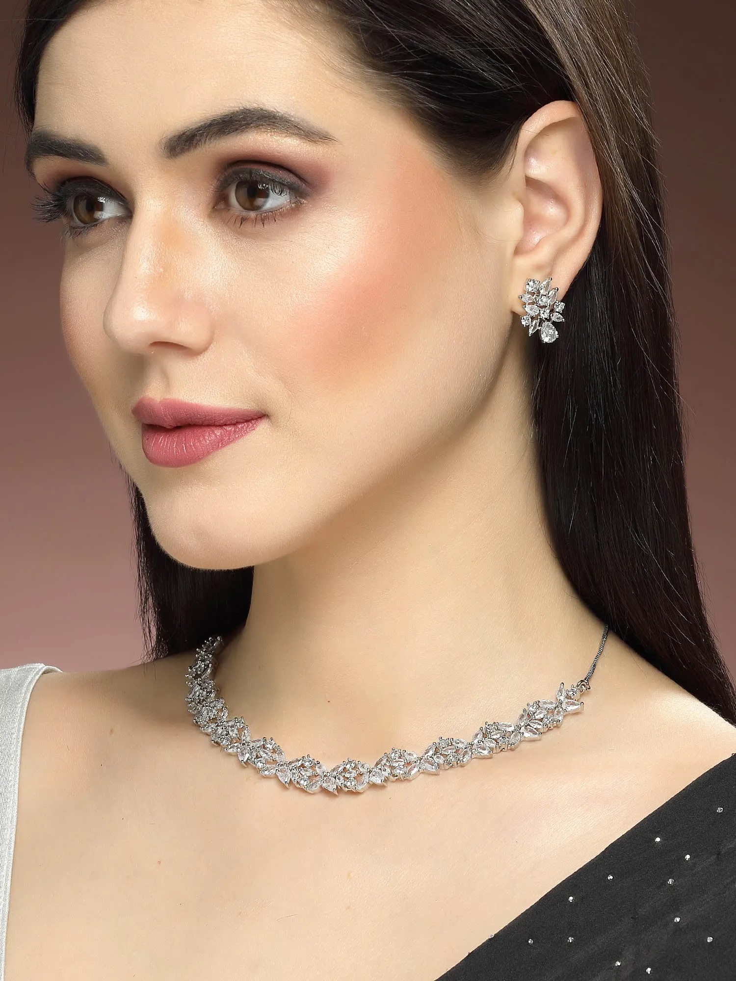 Karatcart Silver Plated American Diamond Necklace Set for Women