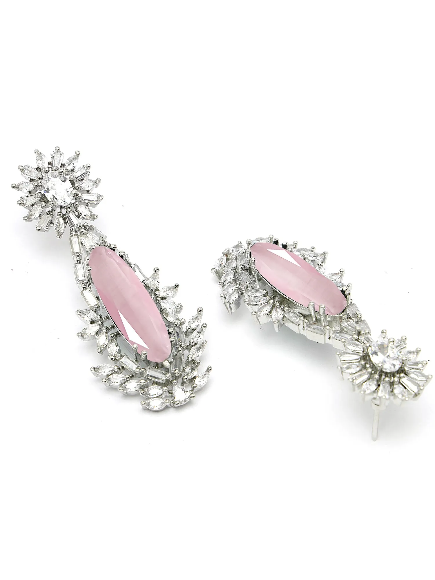 Karatcart Silver Plated Big Pink Cubic Zirconia Studded Drop Earrings for Women