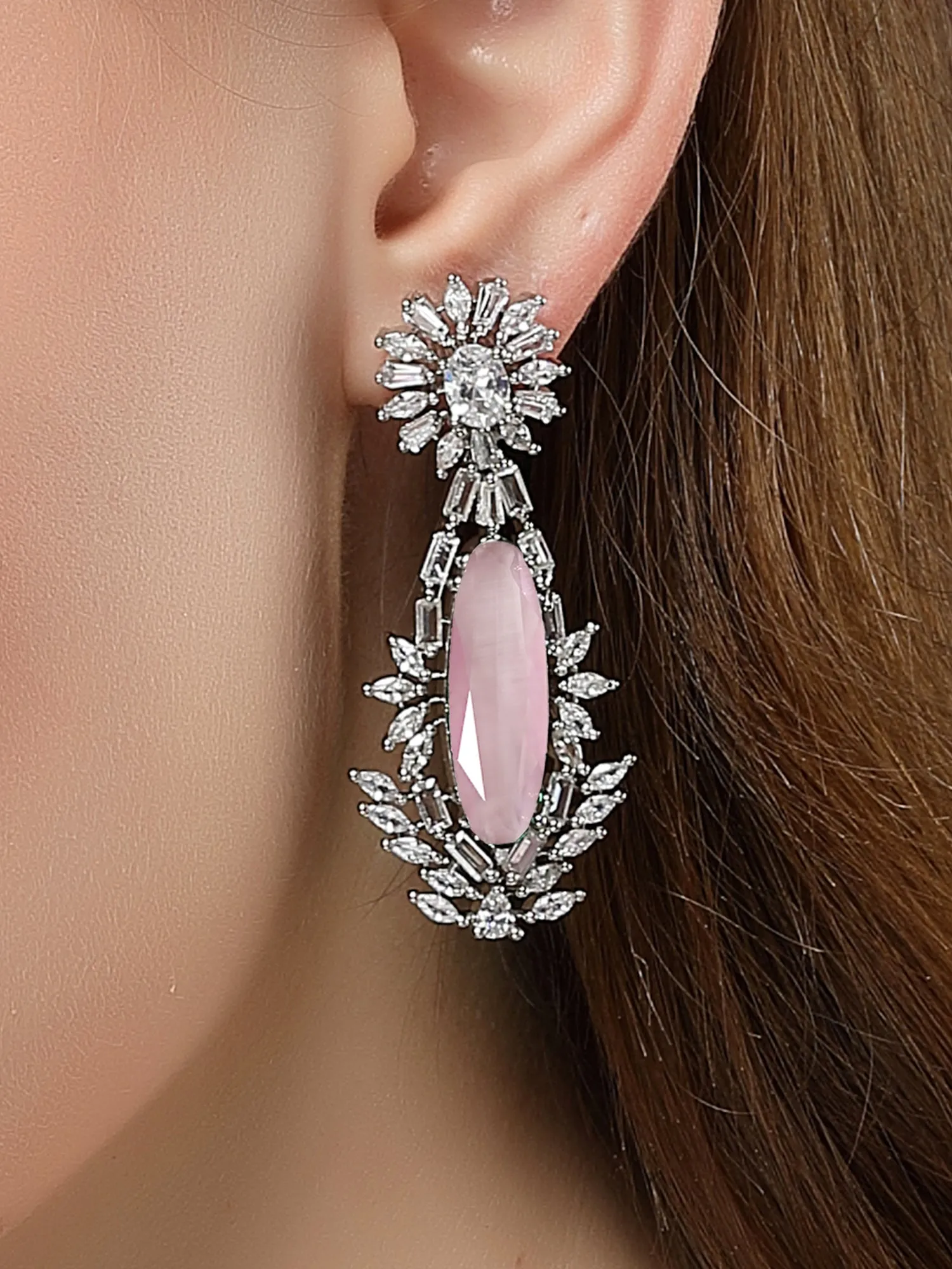 Karatcart Silver Plated Big Pink Cubic Zirconia Studded Drop Earrings for Women