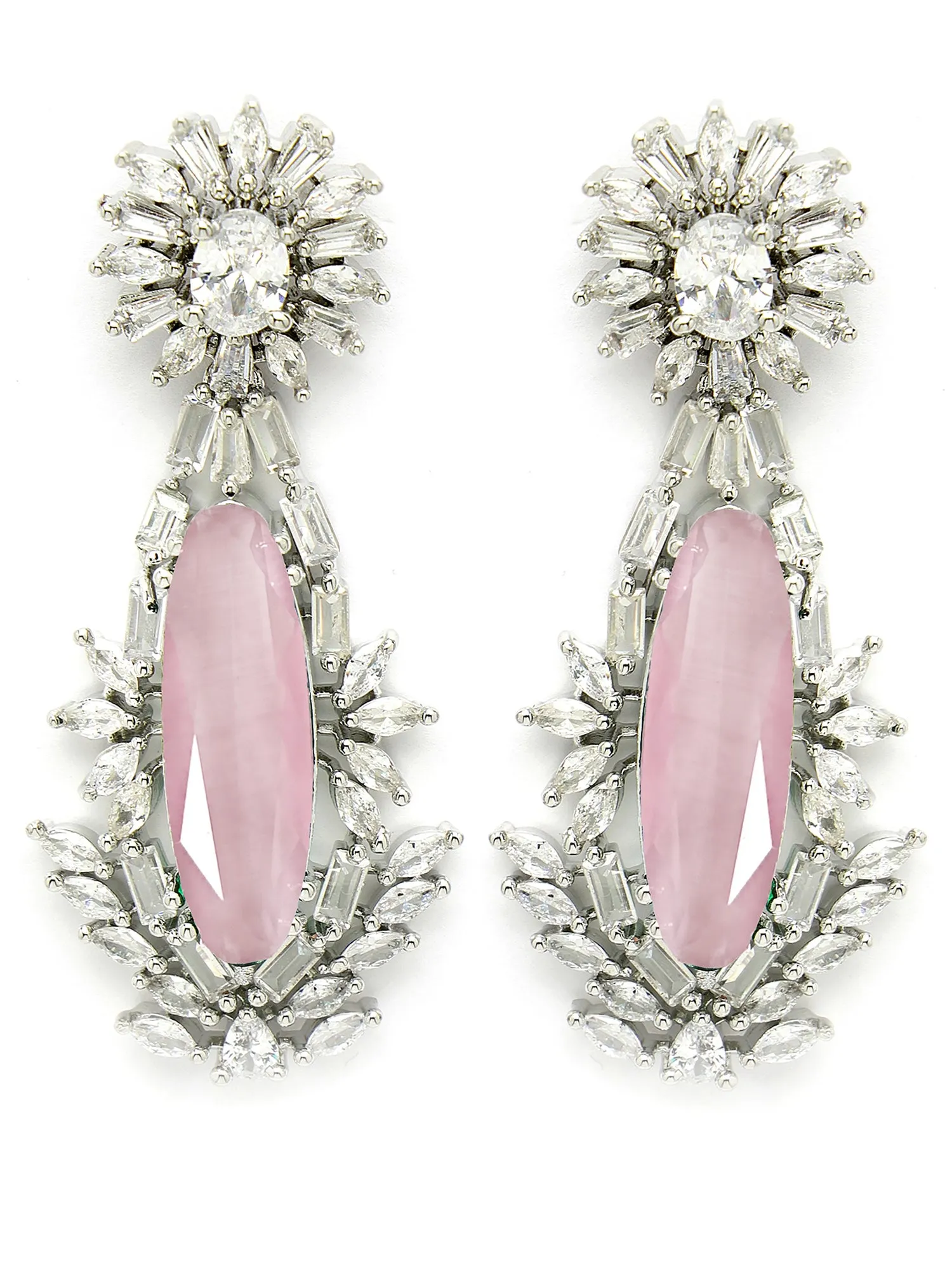 Karatcart Silver Plated Big Pink Cubic Zirconia Studded Drop Earrings for Women