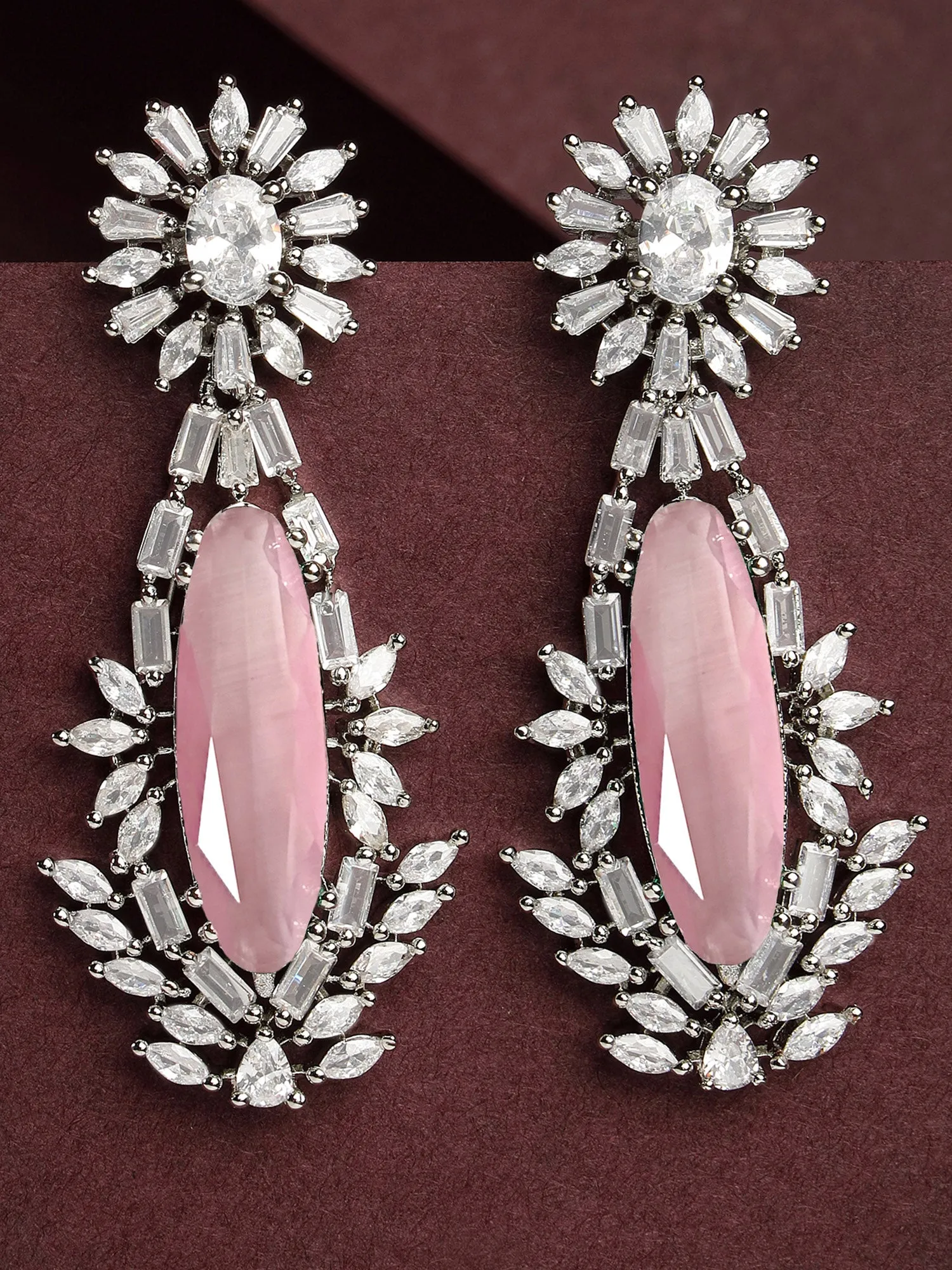 Karatcart Silver Plated Big Pink Cubic Zirconia Studded Drop Earrings for Women