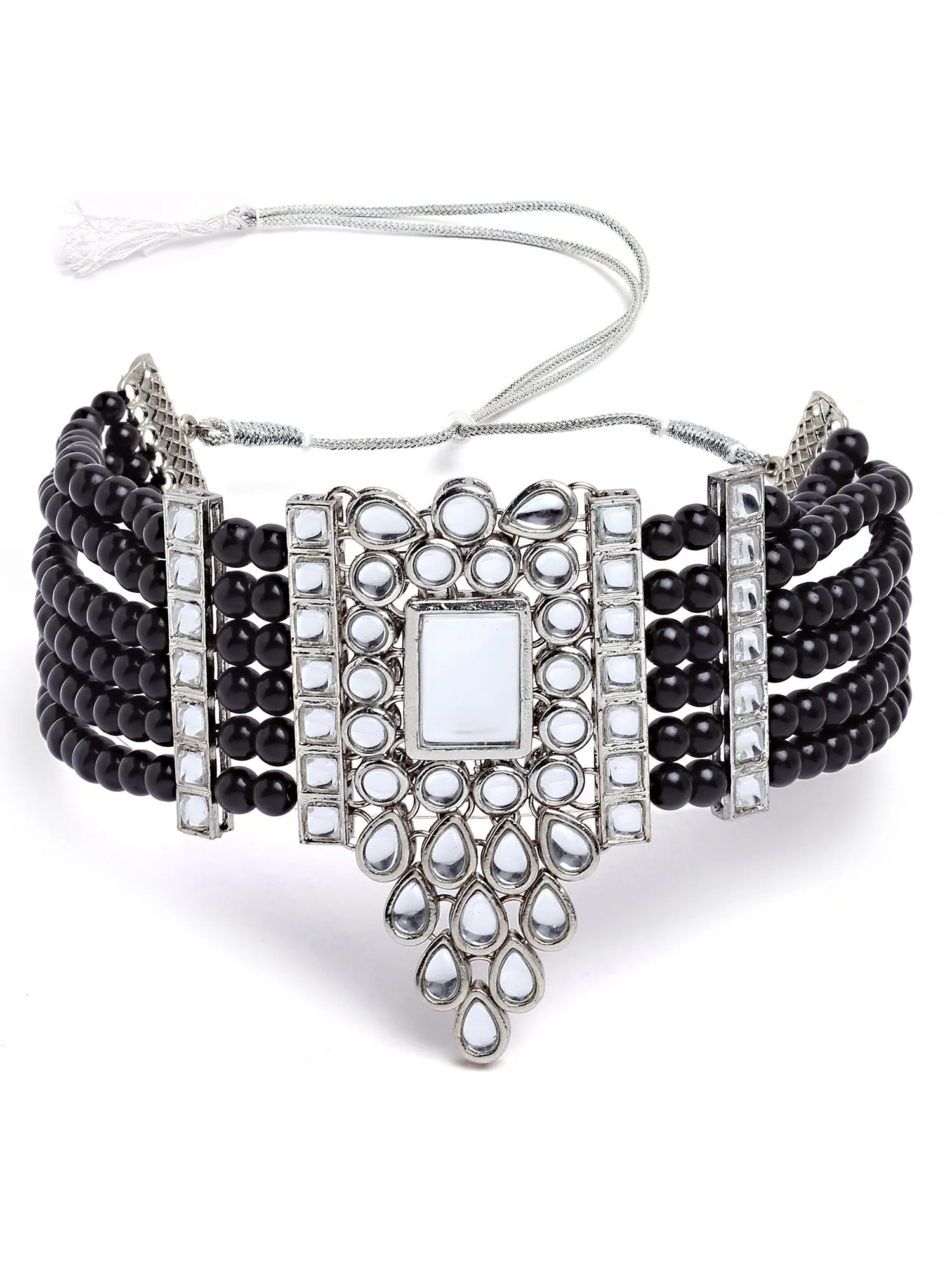 Karatcart Silver Plated Black Beaded Choker Necklace Set for Women