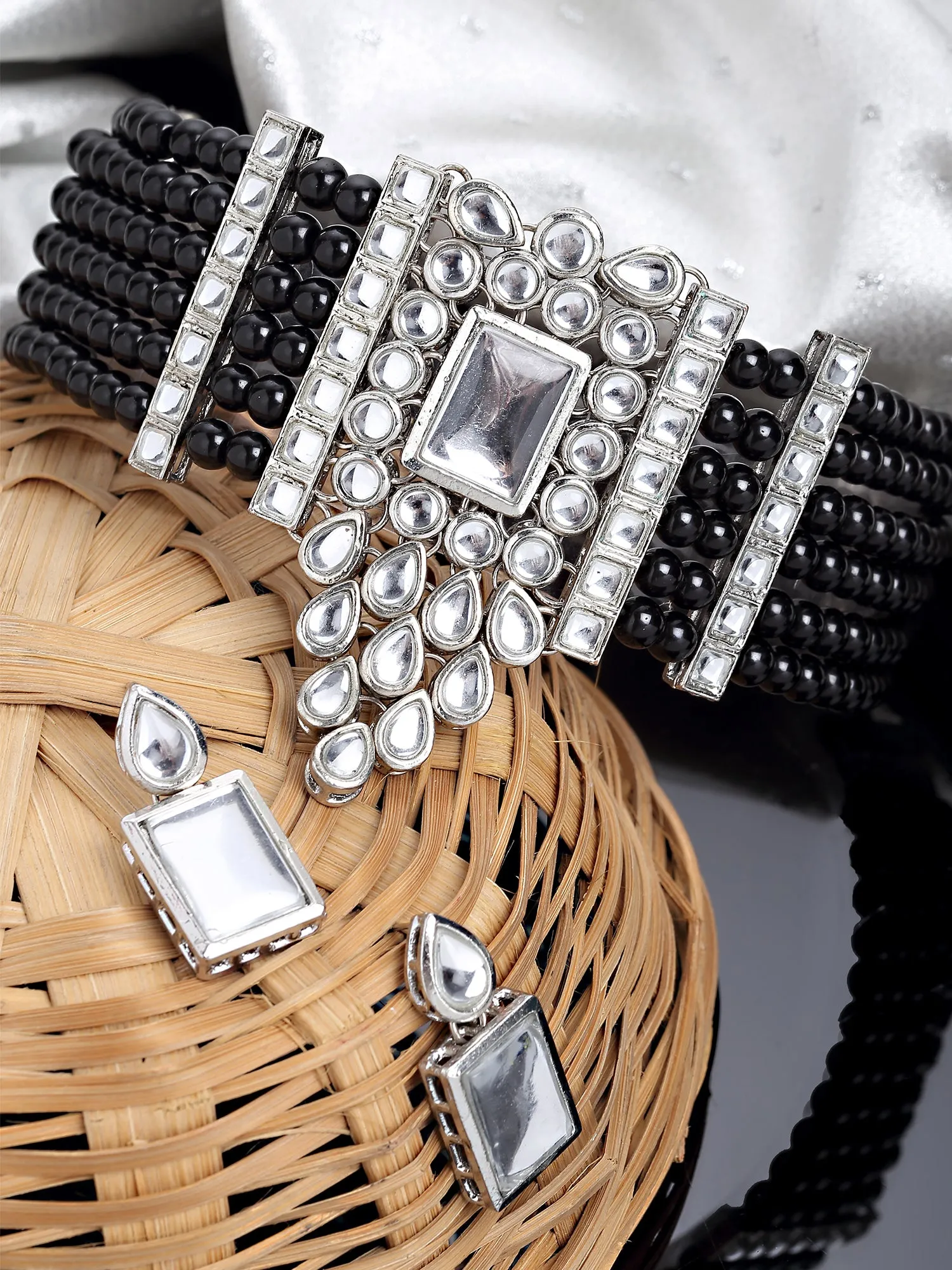Karatcart Silver Plated Black Beaded Choker Necklace Set for Women