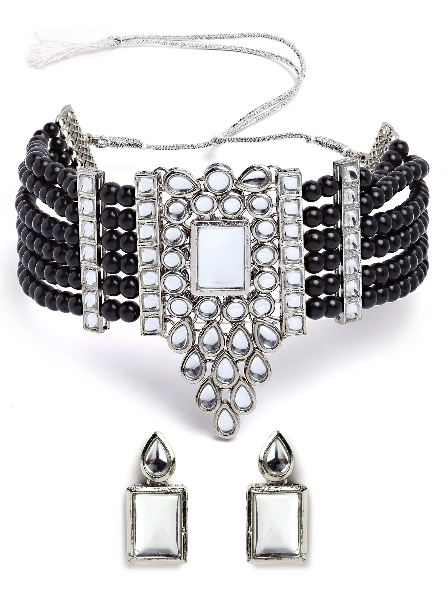 Karatcart Silver Plated Black Beaded Choker Necklace Set for Women
