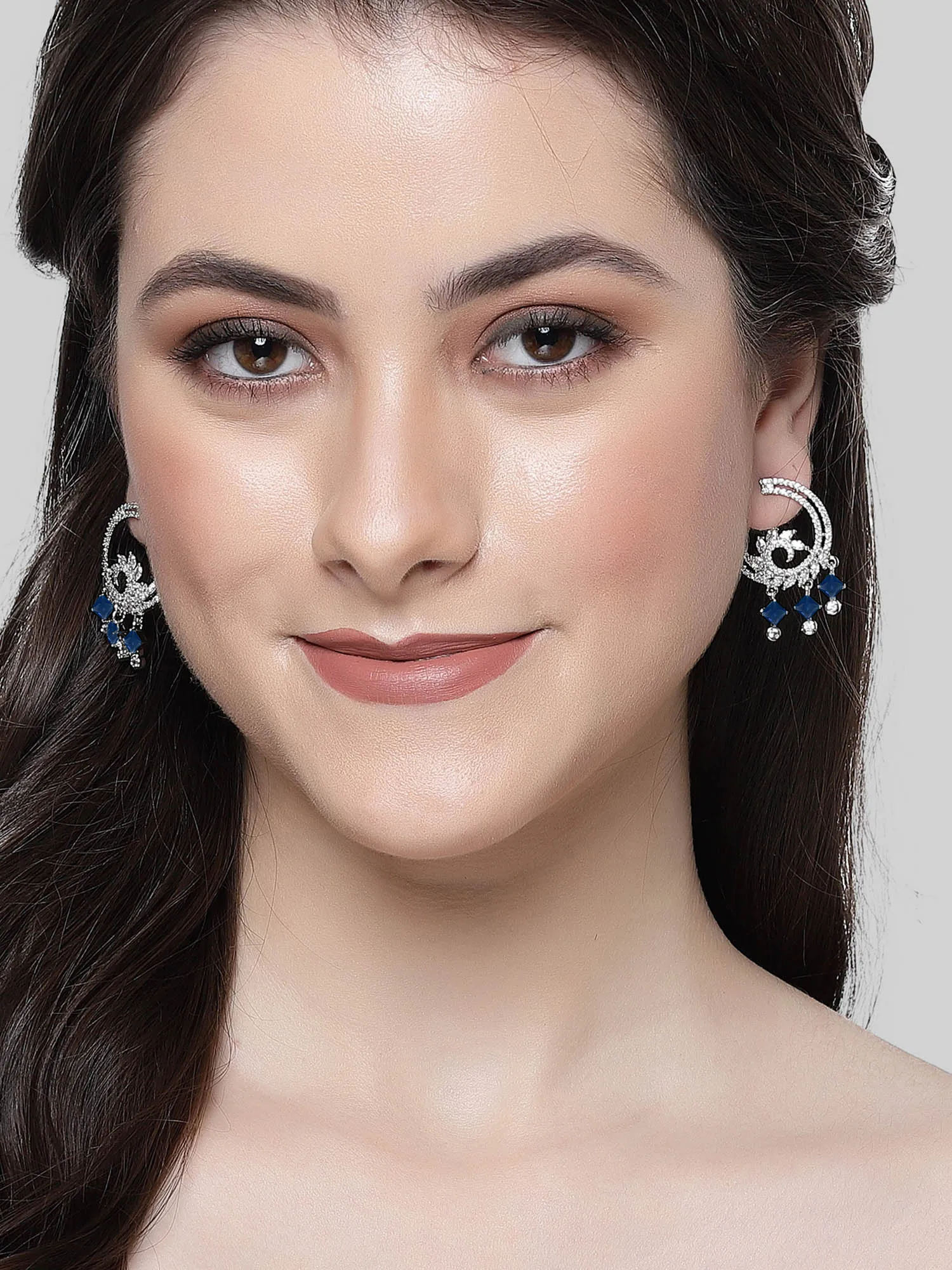 Karatcart Silver Plated Blue Cubic Zirconia Drop Earrings for Women