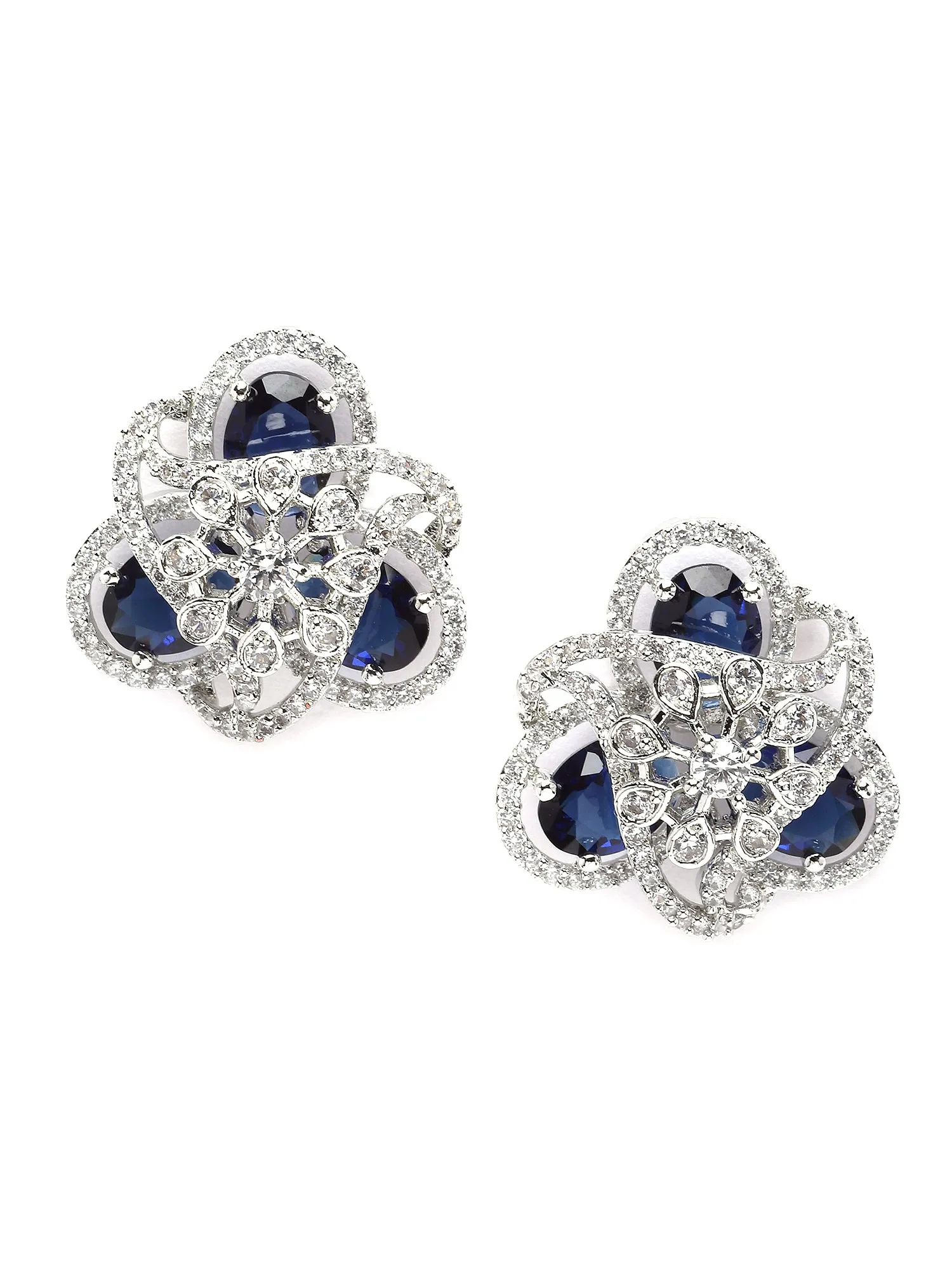Karatcart Silver Plated Blue Cubic Zirconia Floral Design Stud Earrings for Women