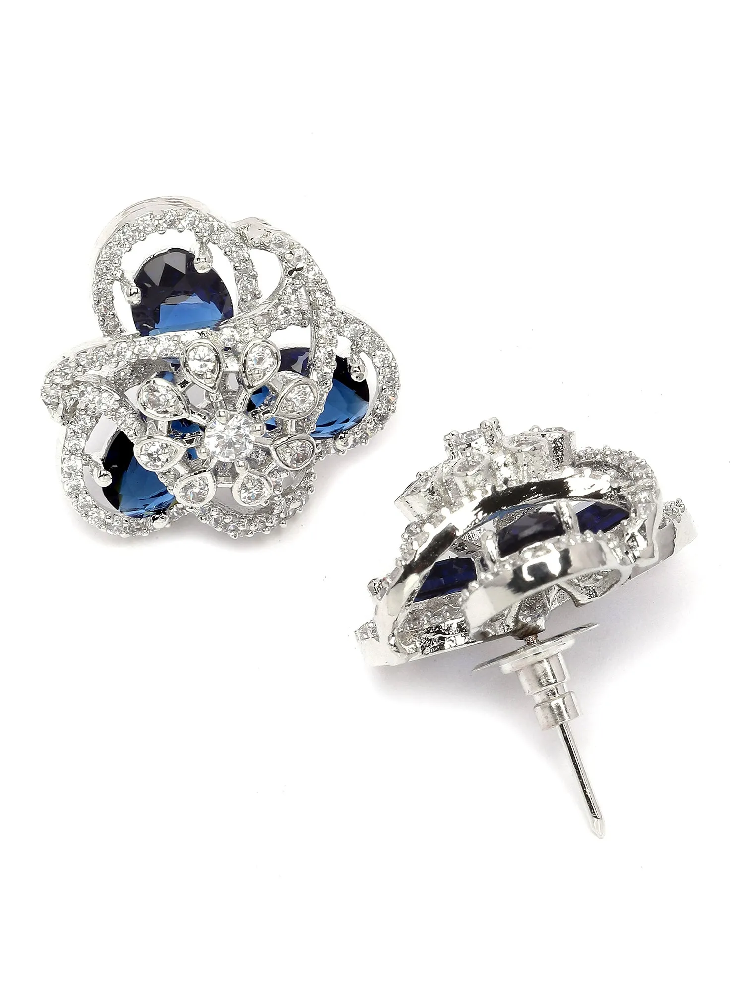 Karatcart Silver Plated Blue Cubic Zirconia Floral Design Stud Earrings for Women