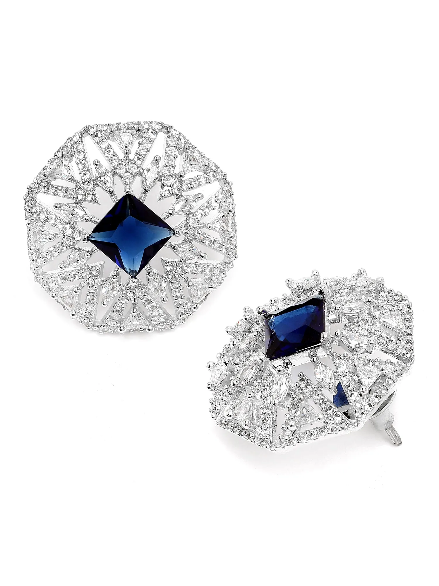 Karatcart Silver-Plated Blue Cubic Zirconia Stud Earrings for Women