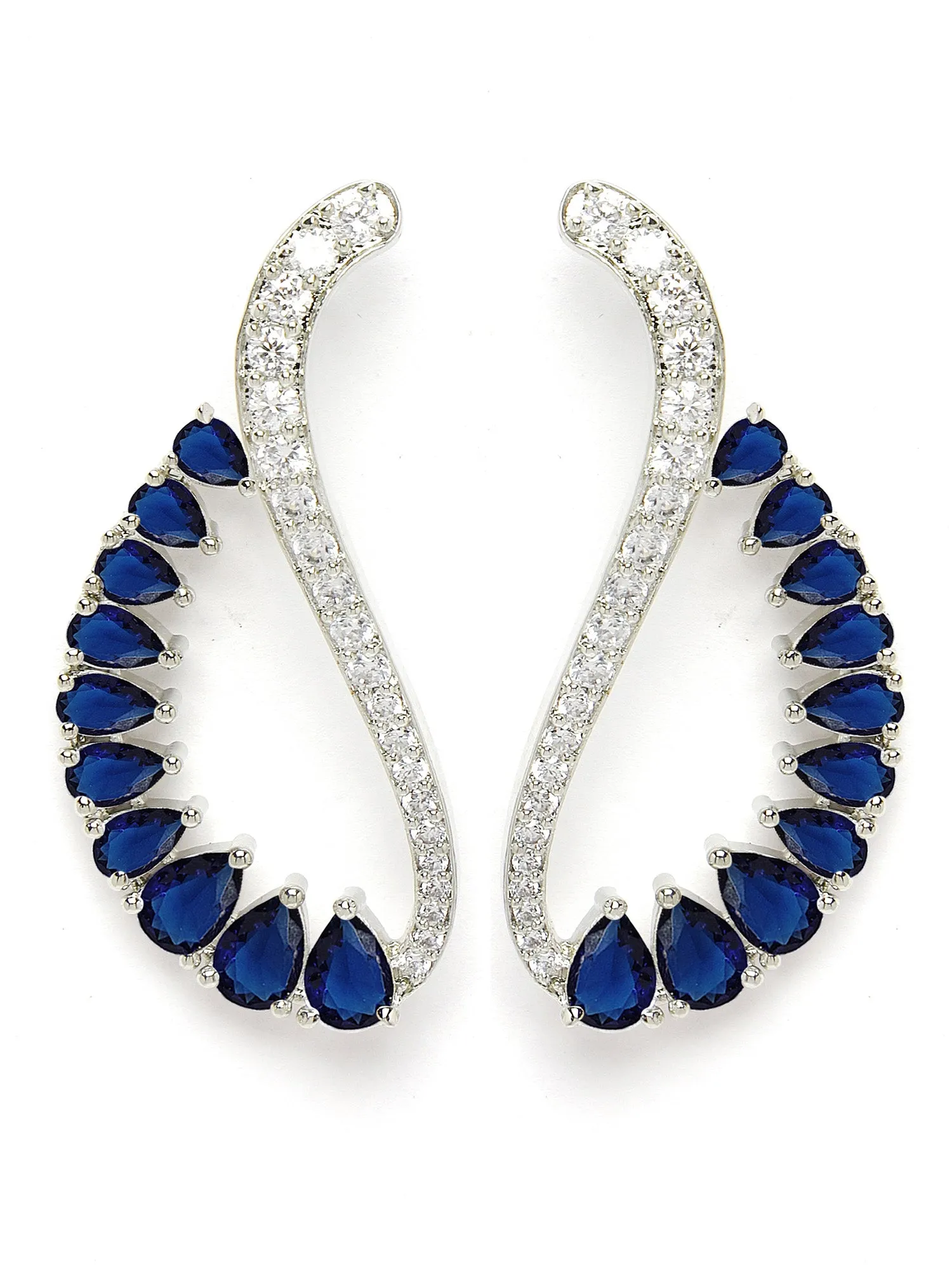 Karatcart Silver Plated Blue Cubic Zirconia Studde Drop Earrings for Women