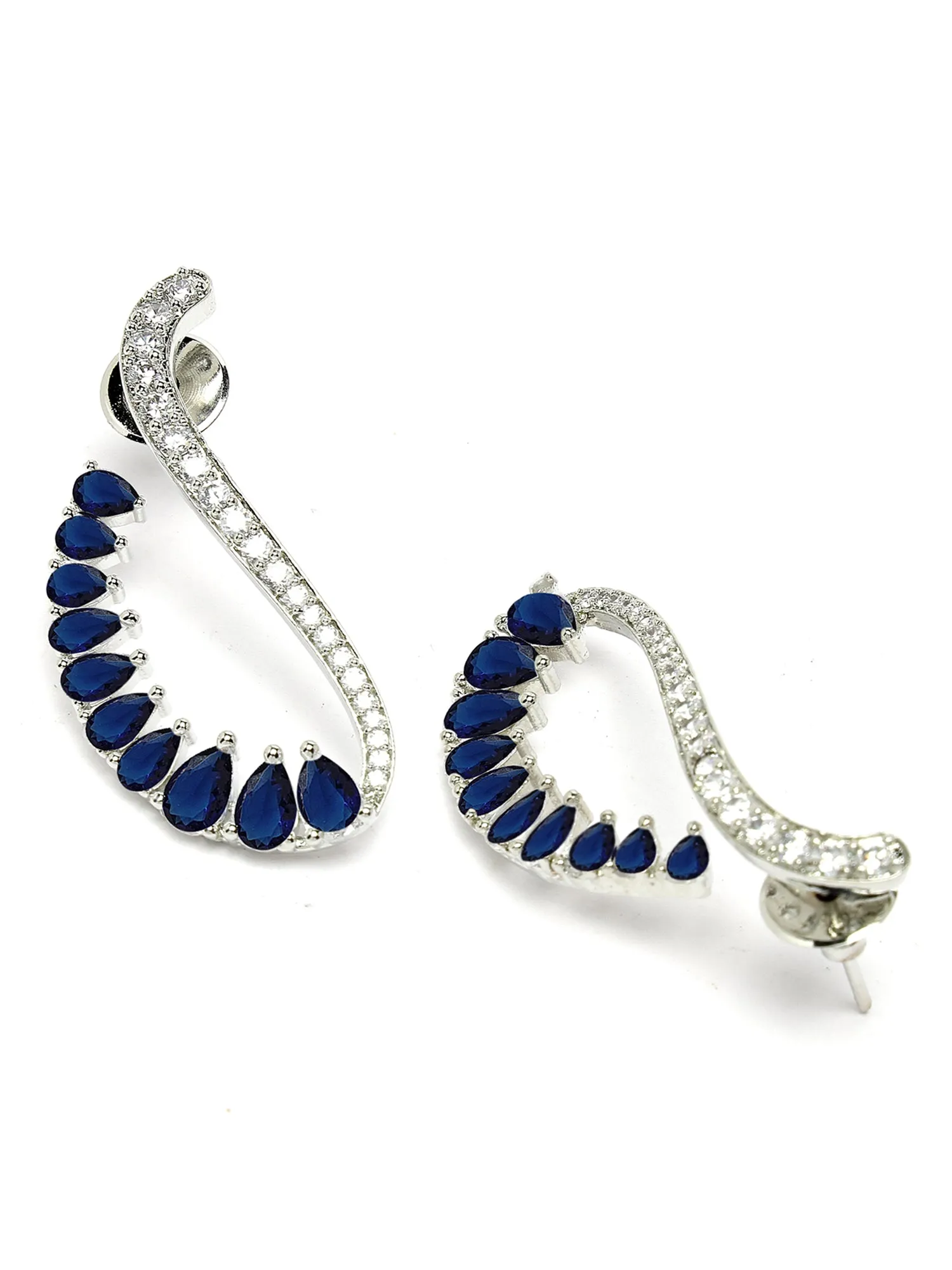 Karatcart Silver Plated Blue Cubic Zirconia Studde Drop Earrings for Women