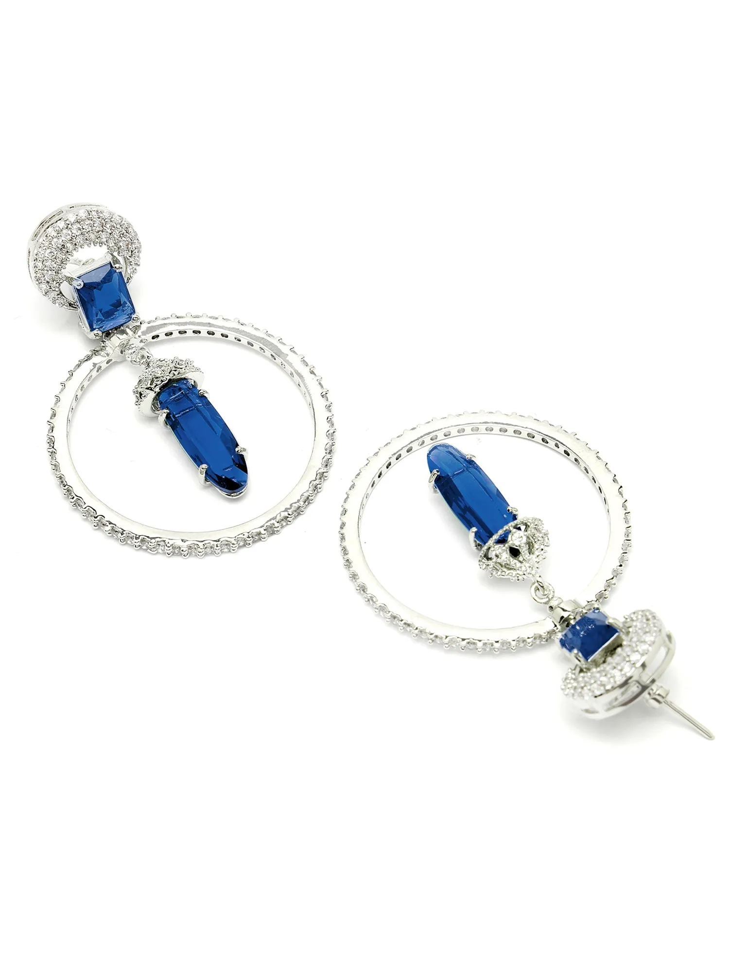Karatcart Silver Plated Blue Cubic Zirconia Studded Dangler Hoop Earrings for Women