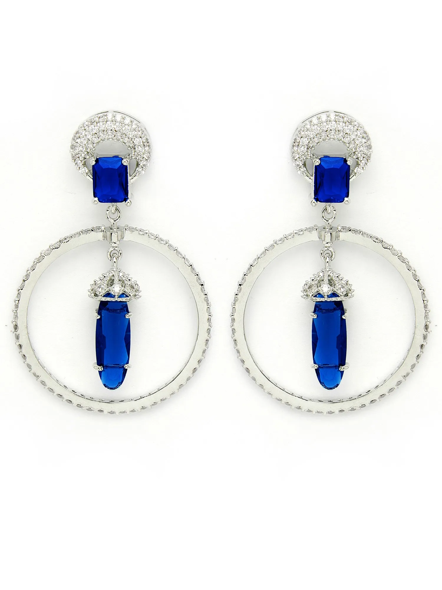 Karatcart Silver Plated Blue Cubic Zirconia Studded Dangler Hoop Earrings for Women