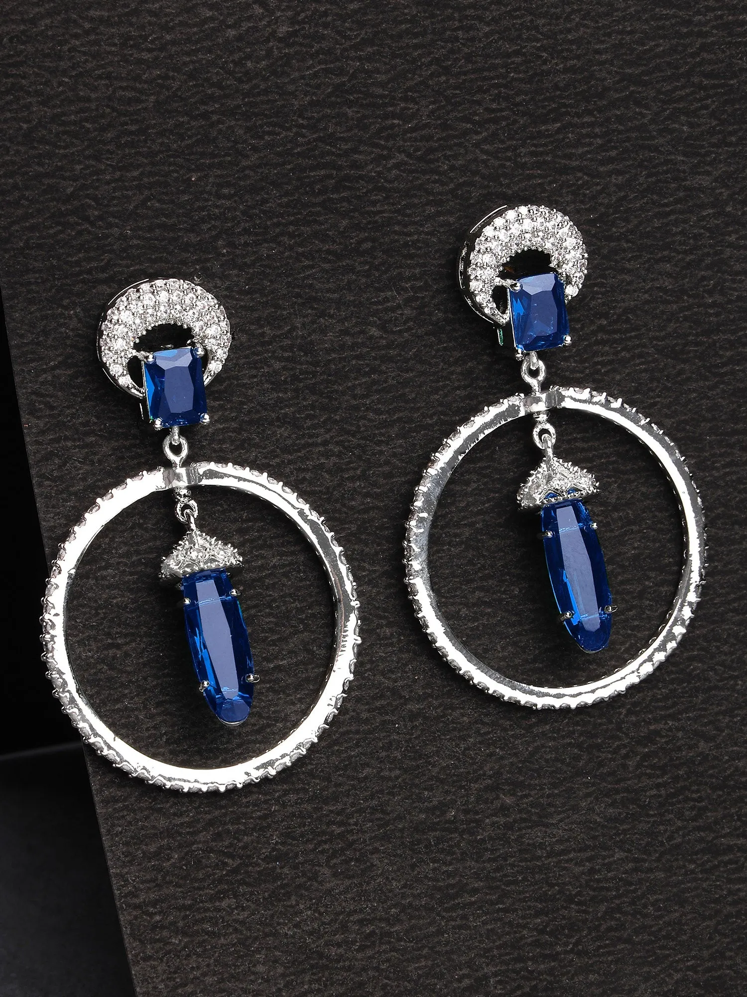 Karatcart Silver Plated Blue Cubic Zirconia Studded Dangler Hoop Earrings for Women