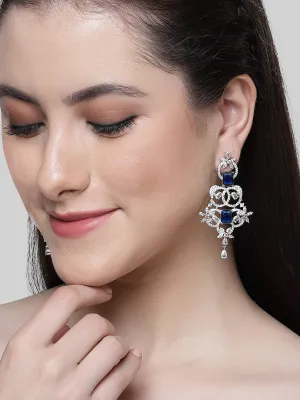 Karatcart Silver Plated Blue Cubic Zirconia Studded Drop Earrings for Women