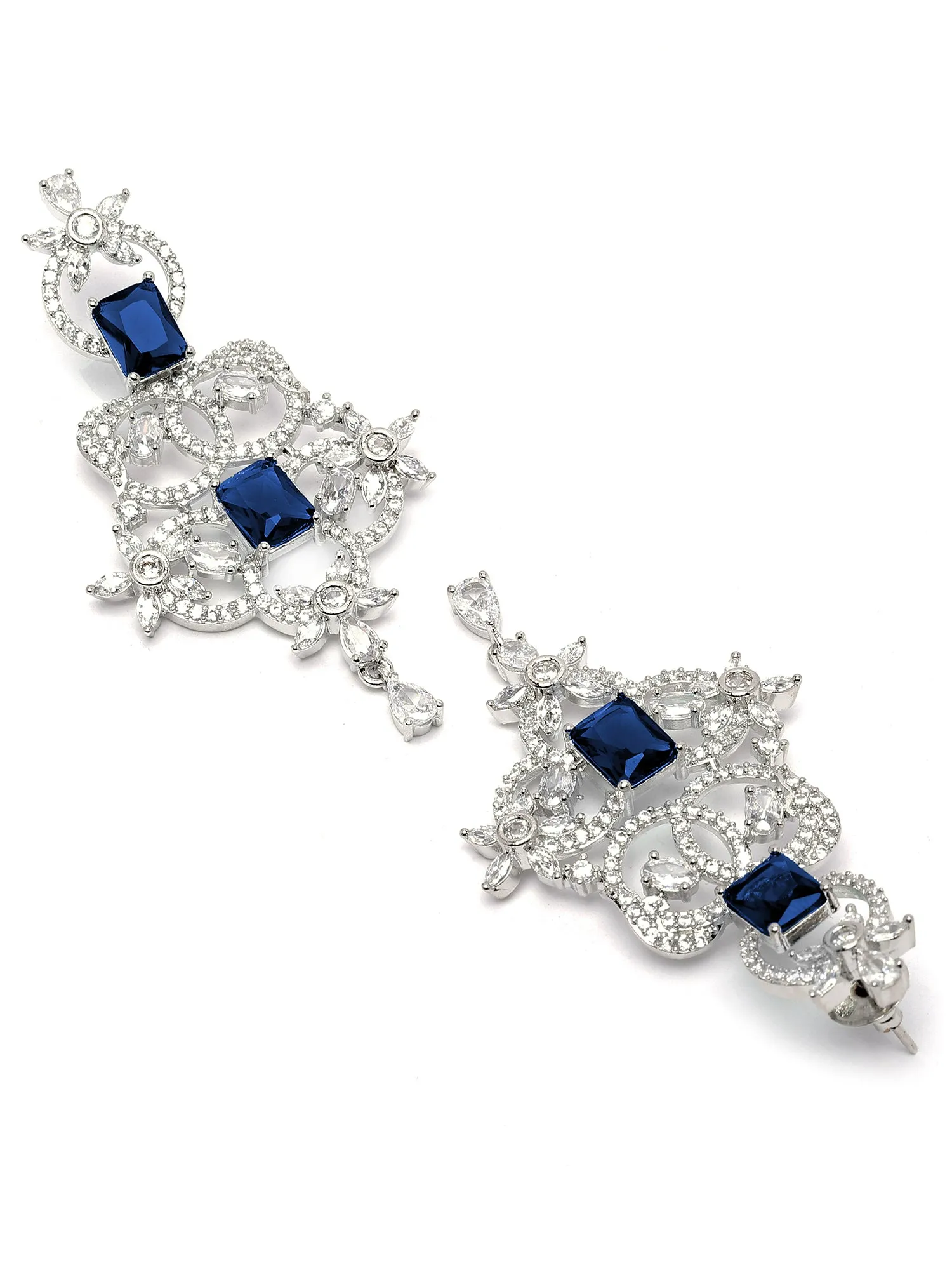 Karatcart Silver Plated Blue Cubic Zirconia Studded Drop Earrings for Women