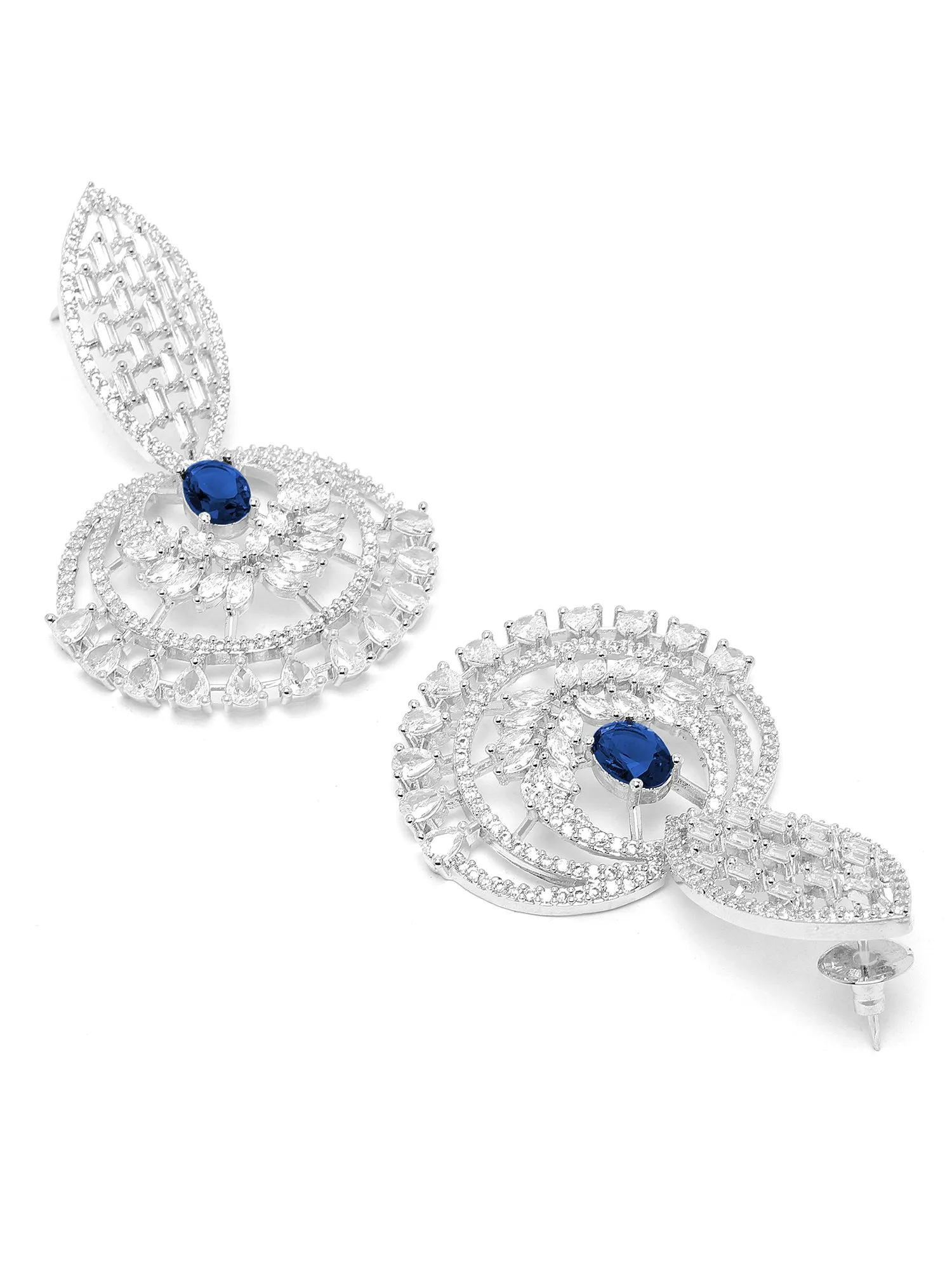 Karatcart Silver-Plated Blue Cubic Zirconia Studded Drop Earrings for Women