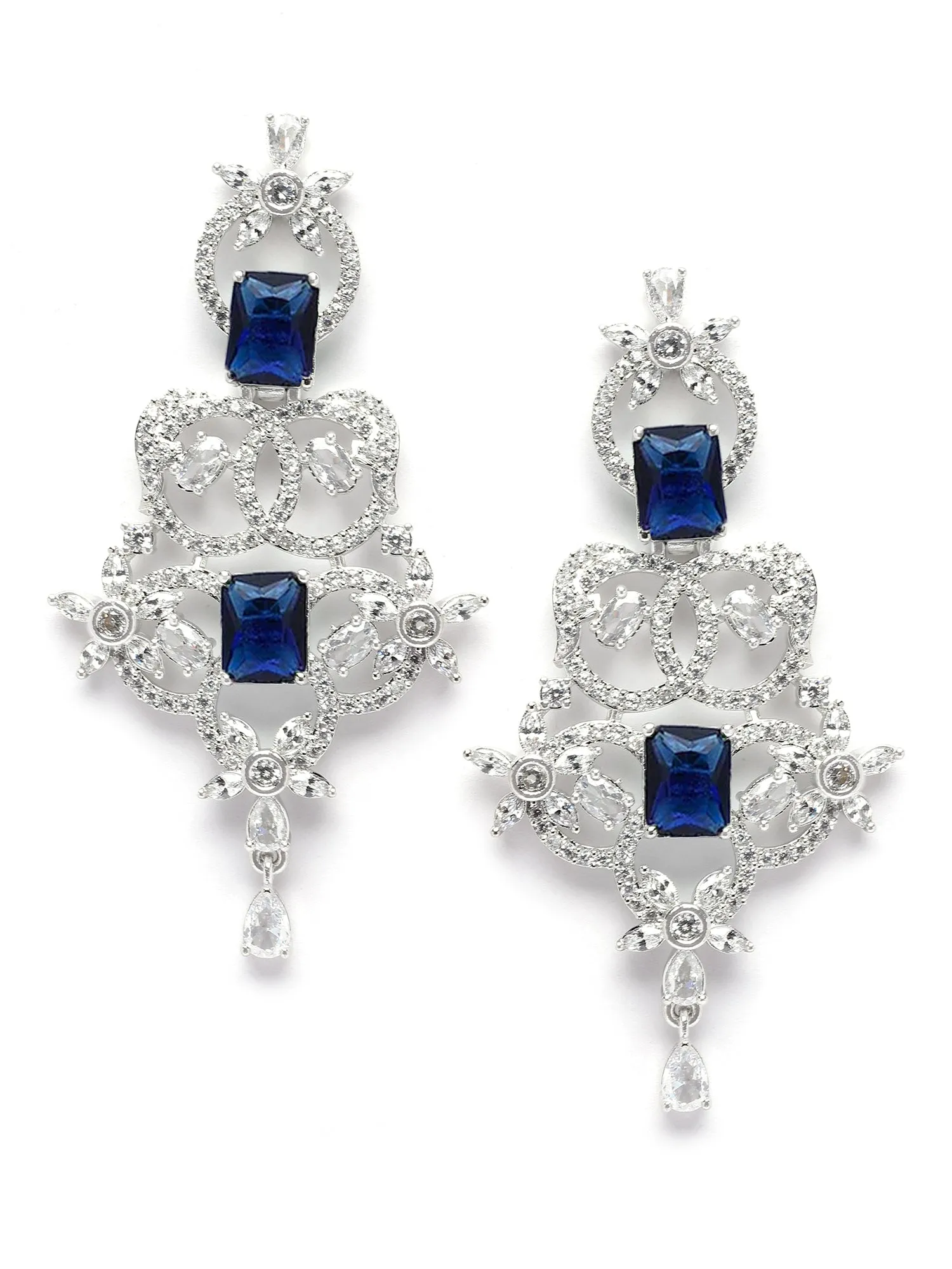 Karatcart Silver Plated Blue Cubic Zirconia Studded Drop Earrings for Women