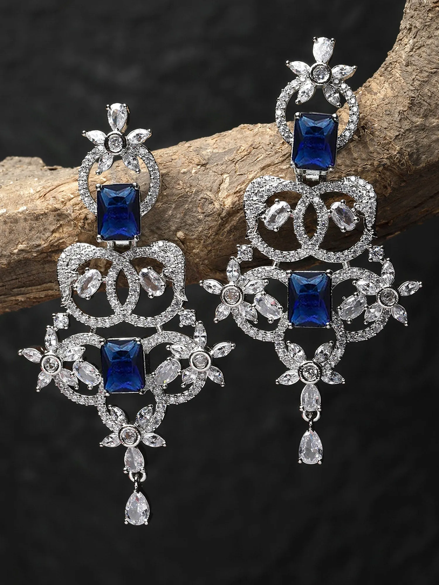 Karatcart Silver Plated Blue Cubic Zirconia Studded Drop Earrings for Women