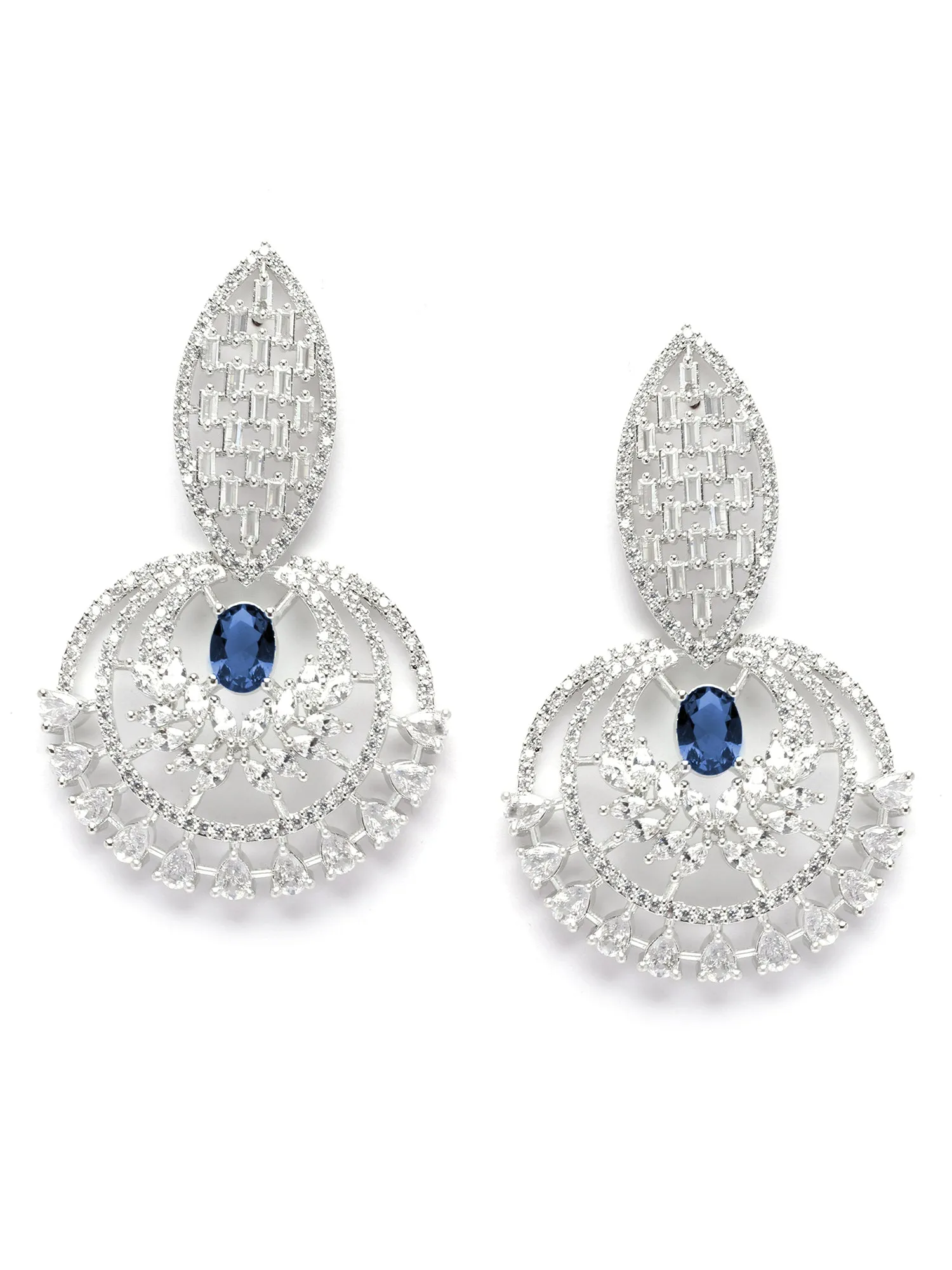 Karatcart Silver-Plated Blue Cubic Zirconia Studded Drop Earrings for Women