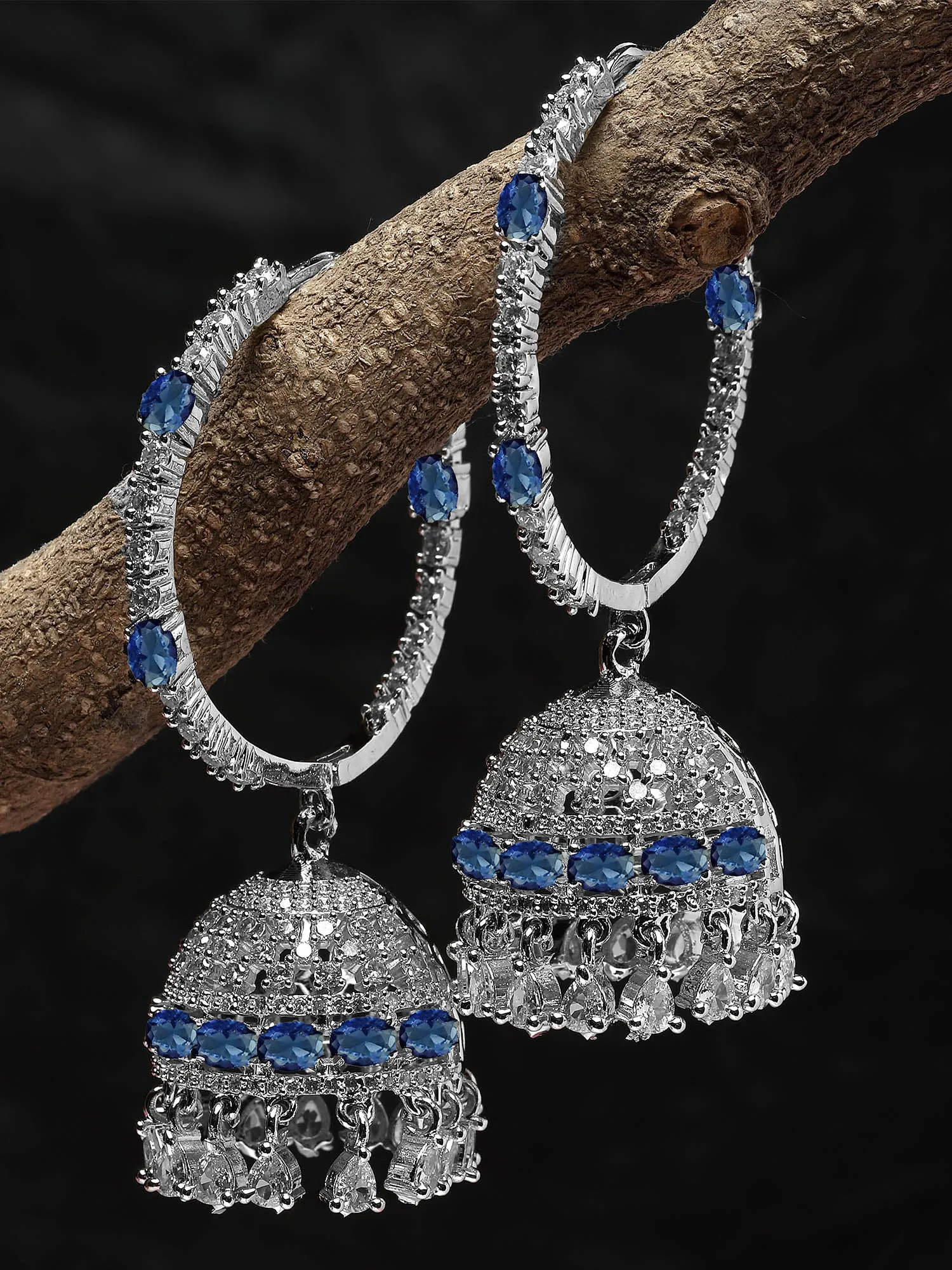 Karatcart Silver Plated Blue Cubic Zirconia Studded Hoop Jhumki Earrings for Women