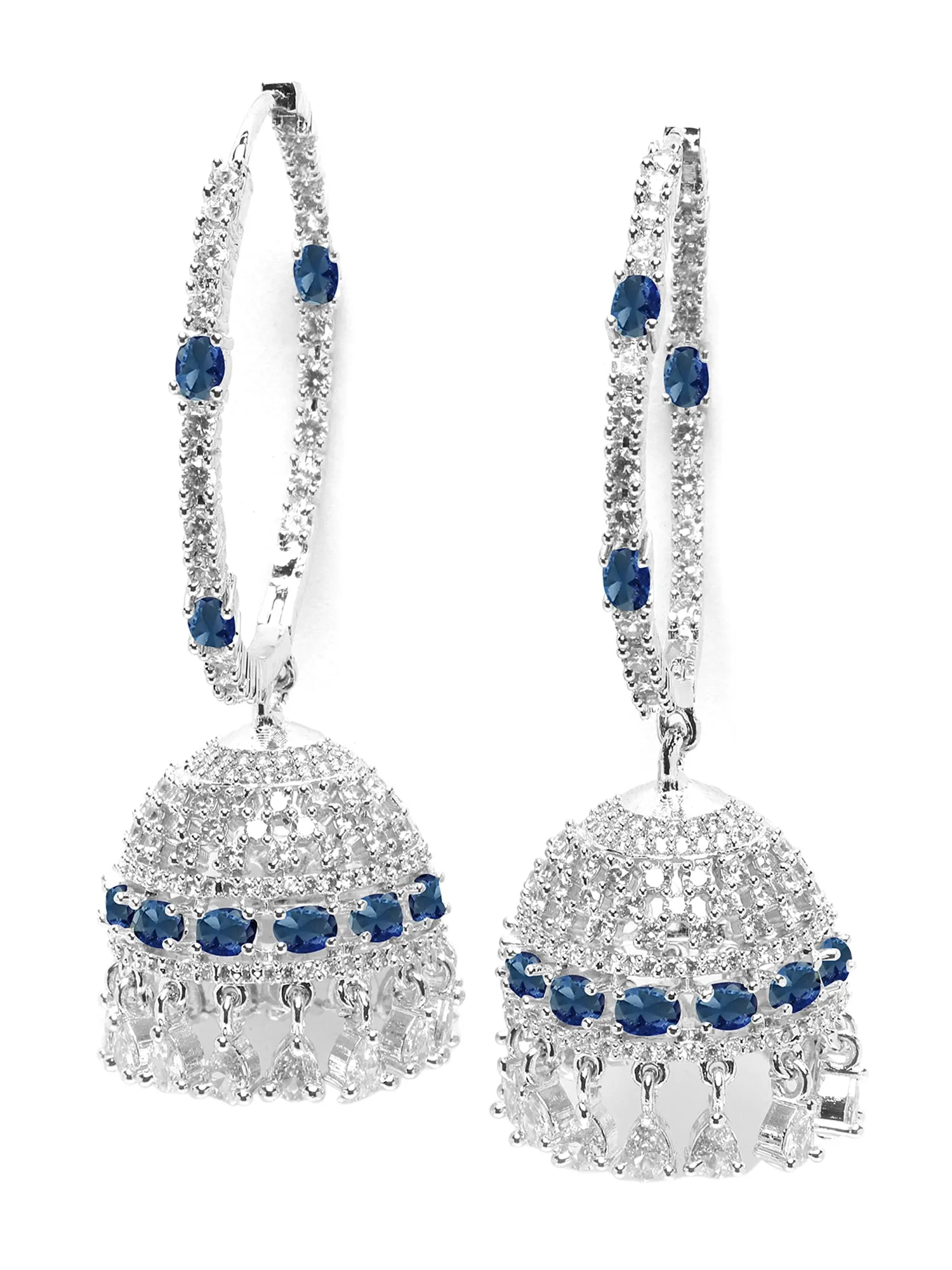 Karatcart Silver Plated Blue Cubic Zirconia Studded Hoop Jhumki Earrings for Women