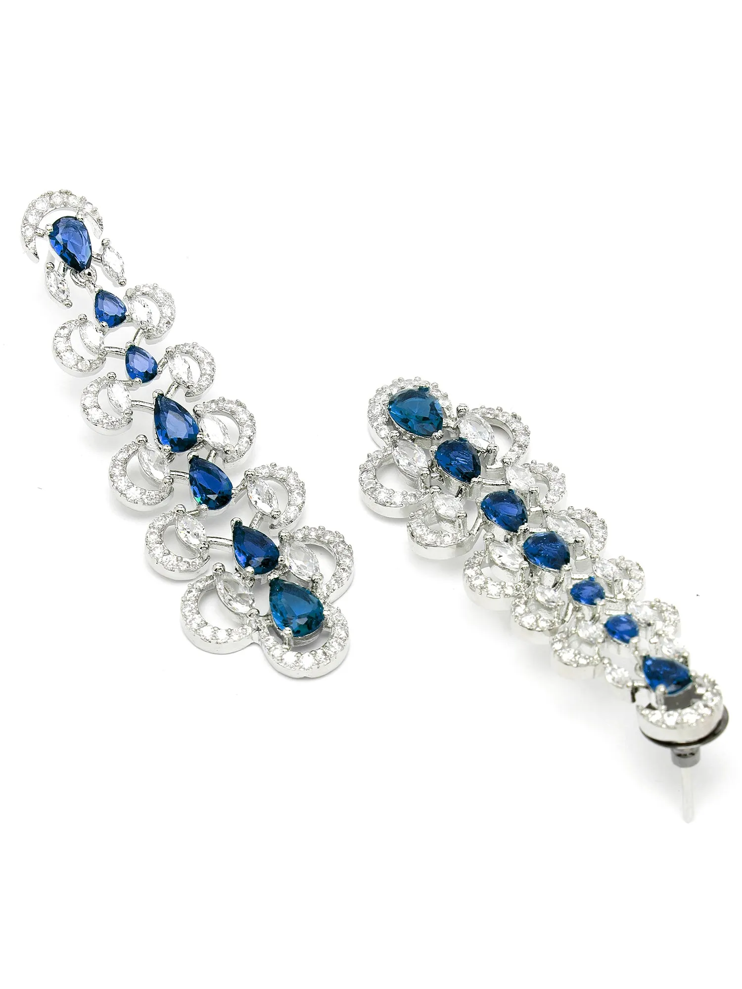 Karatcart Silver Plated Blue Cubic Zirconia Studded Leaf Design Drop Earrings for Women