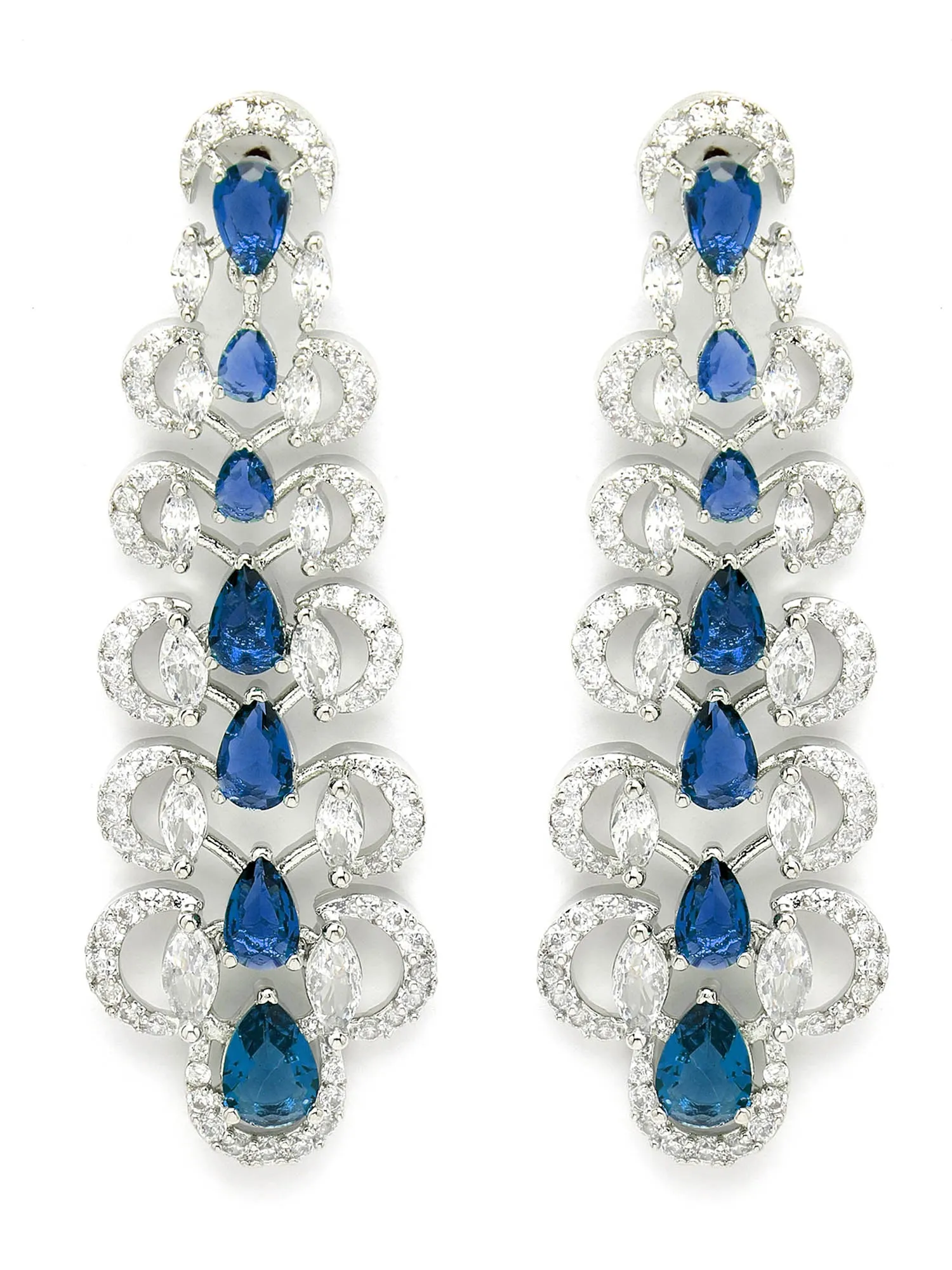Karatcart Silver Plated Blue Cubic Zirconia Studded Leaf Design Drop Earrings for Women