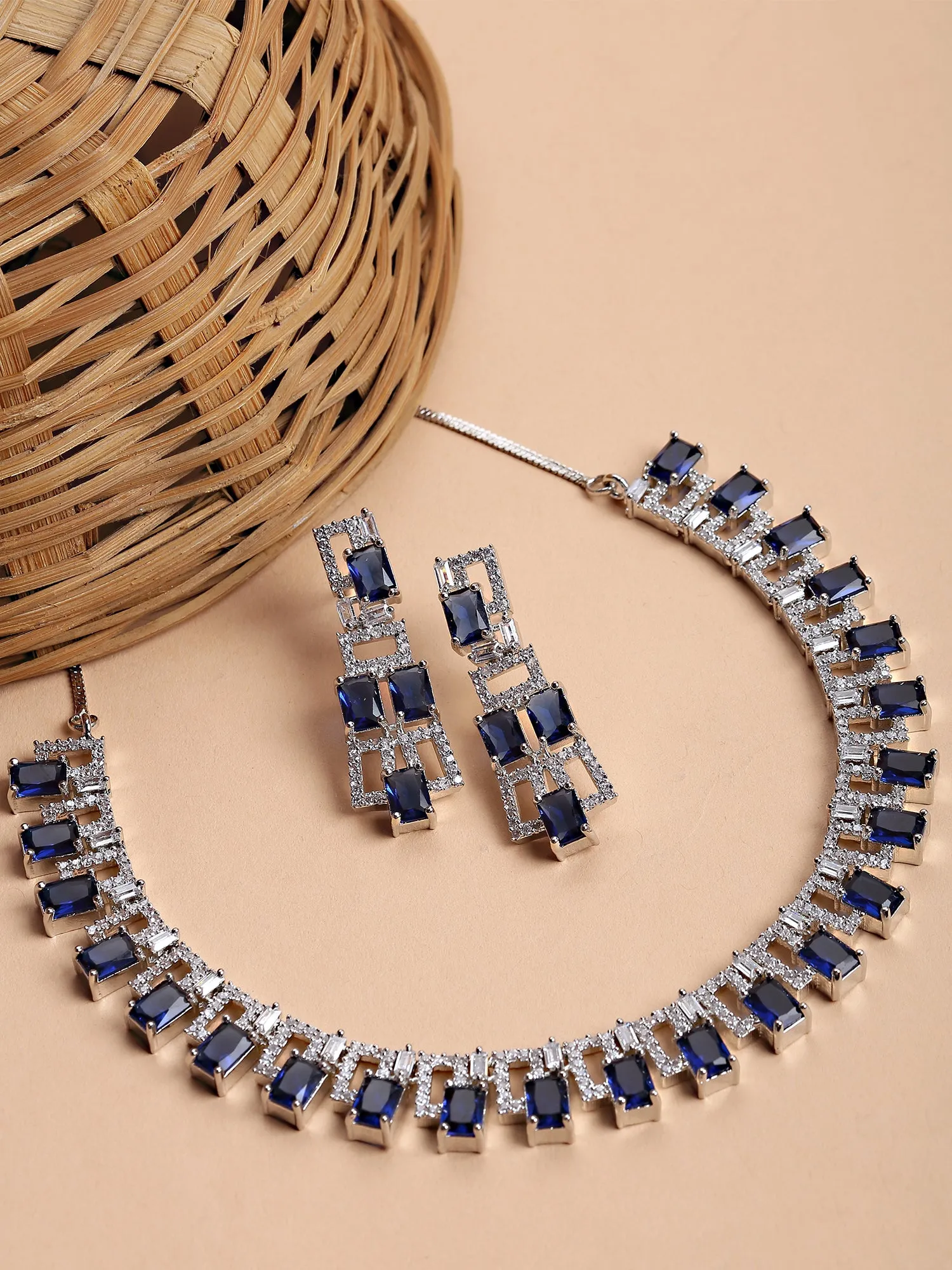 Karatcart Silver Plated Blue Cubic Zirconia Studded Necklace Set for Women