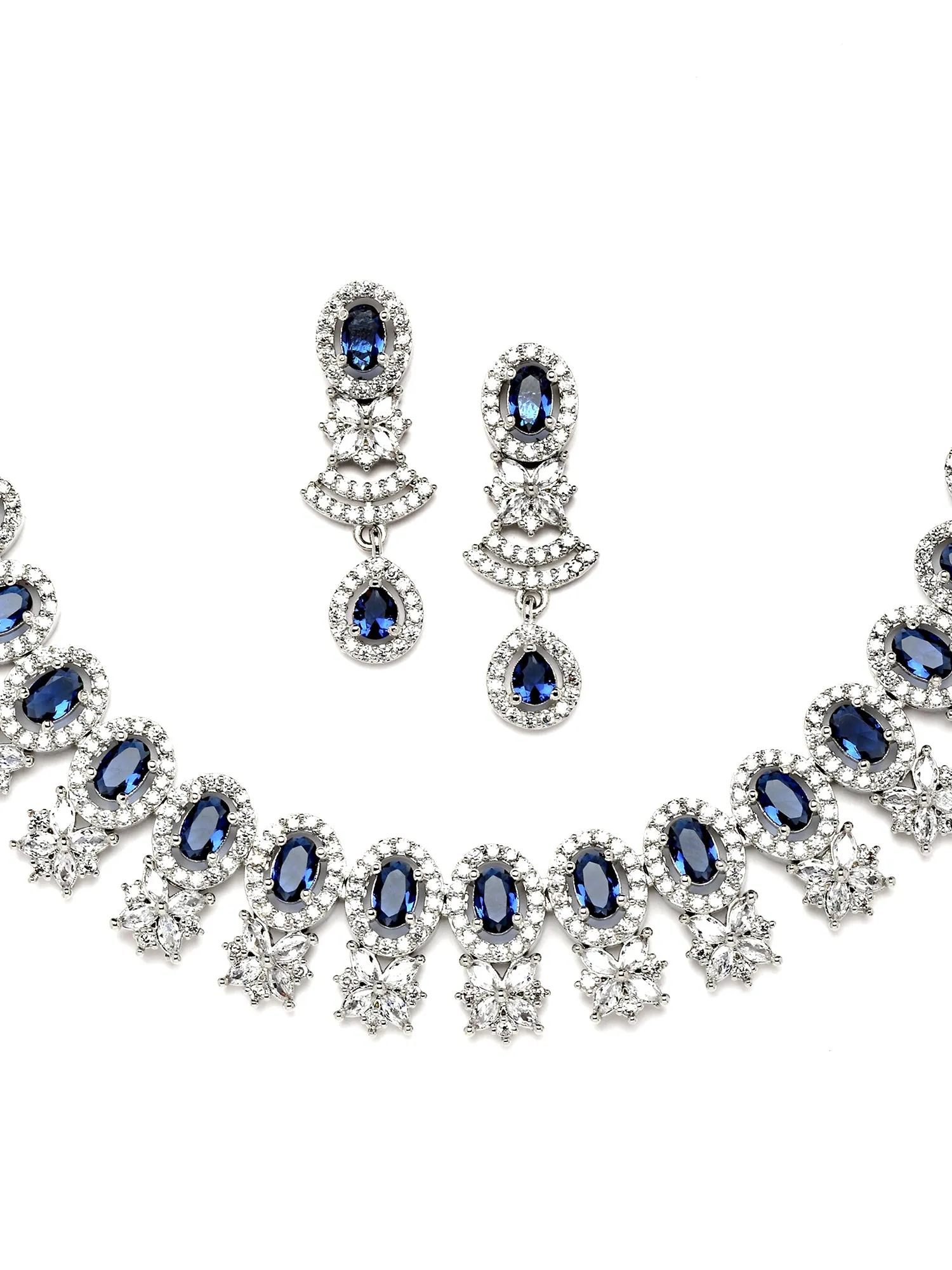 Karatcart Silver Plated Blue Cubic Zirconia Studded Necklace Set