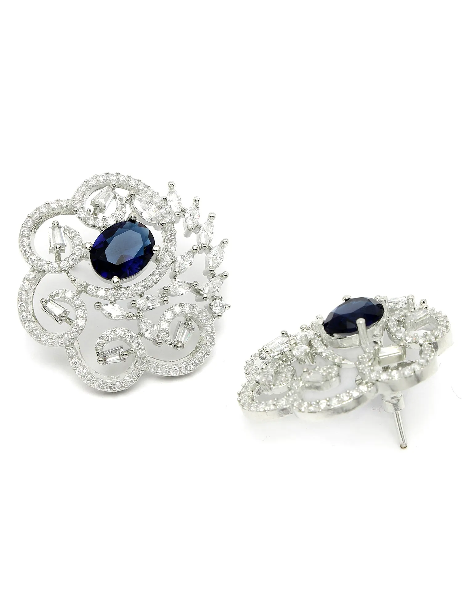 Karatcart Silver Plated Blue Oval Cubic Zirconia Floral Design Stud Earrings for Women