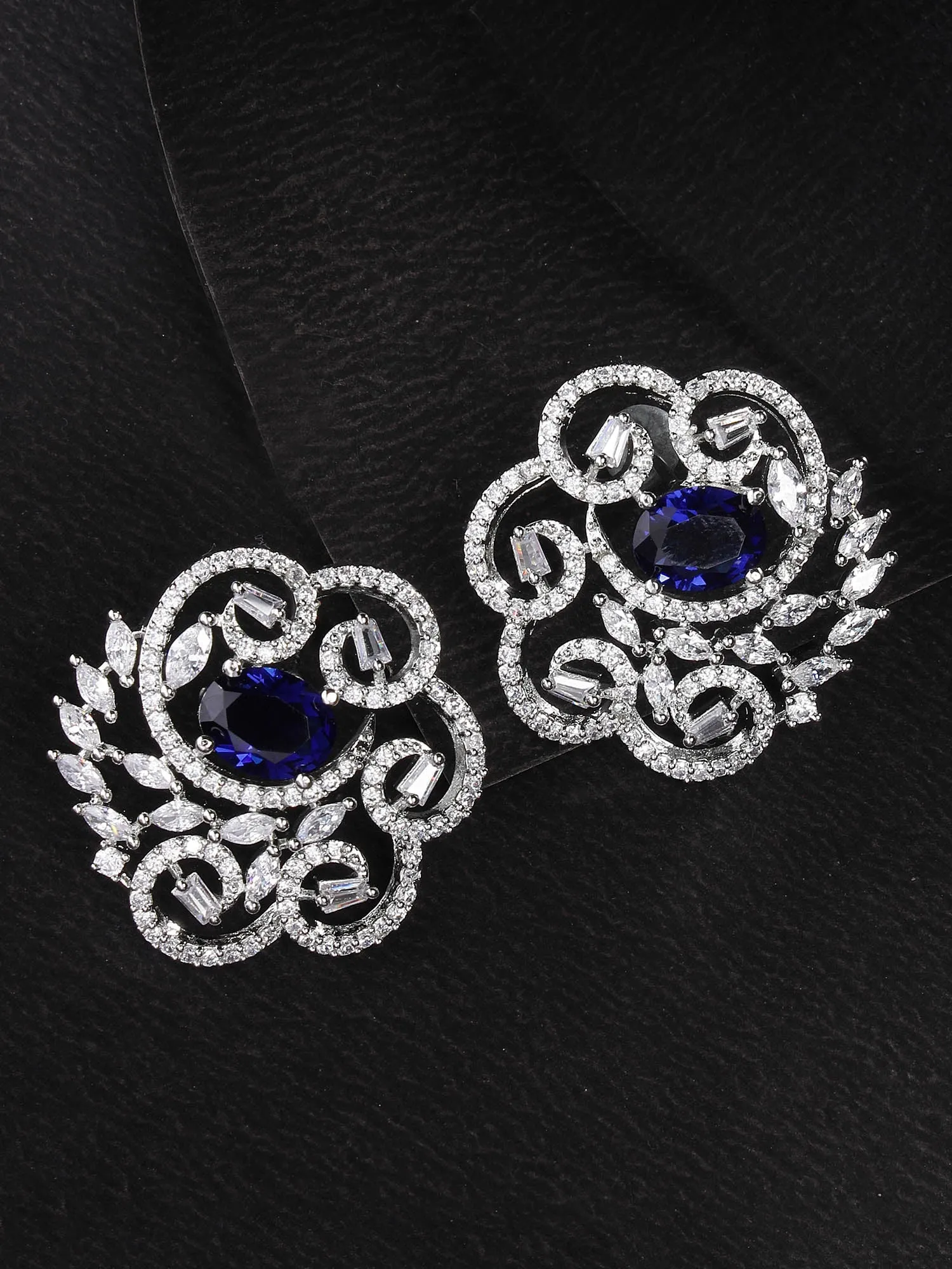 Karatcart Silver Plated Blue Oval Cubic Zirconia Floral Design Stud Earrings for Women