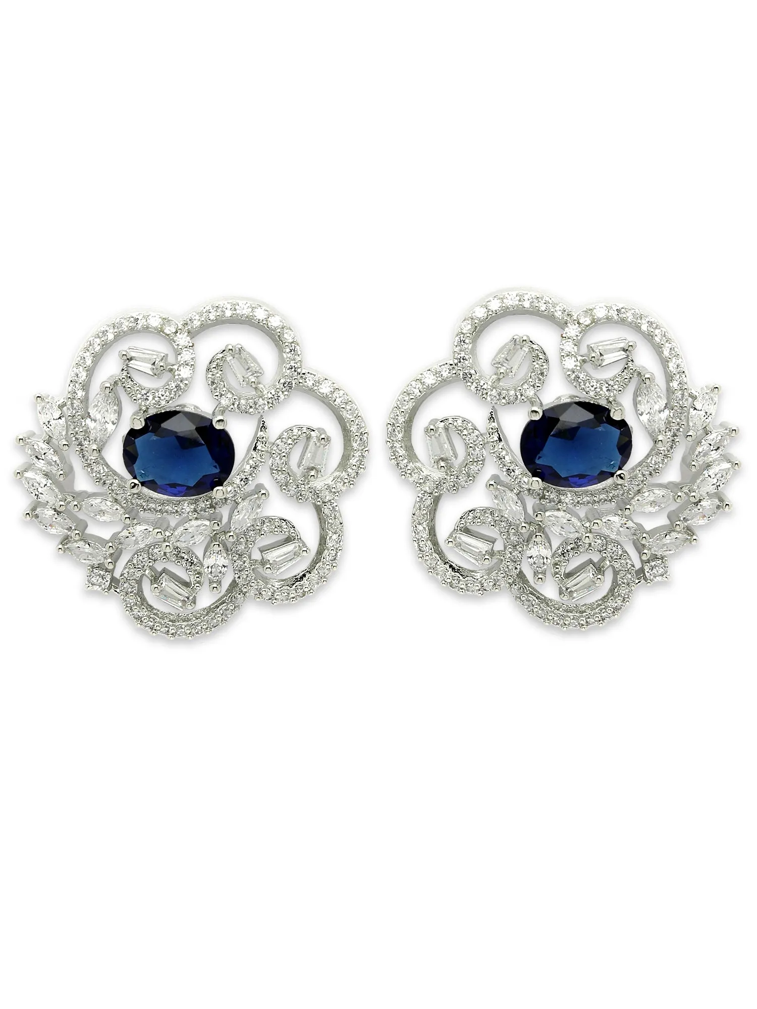 Karatcart Silver Plated Blue Oval Cubic Zirconia Floral Design Stud Earrings for Women