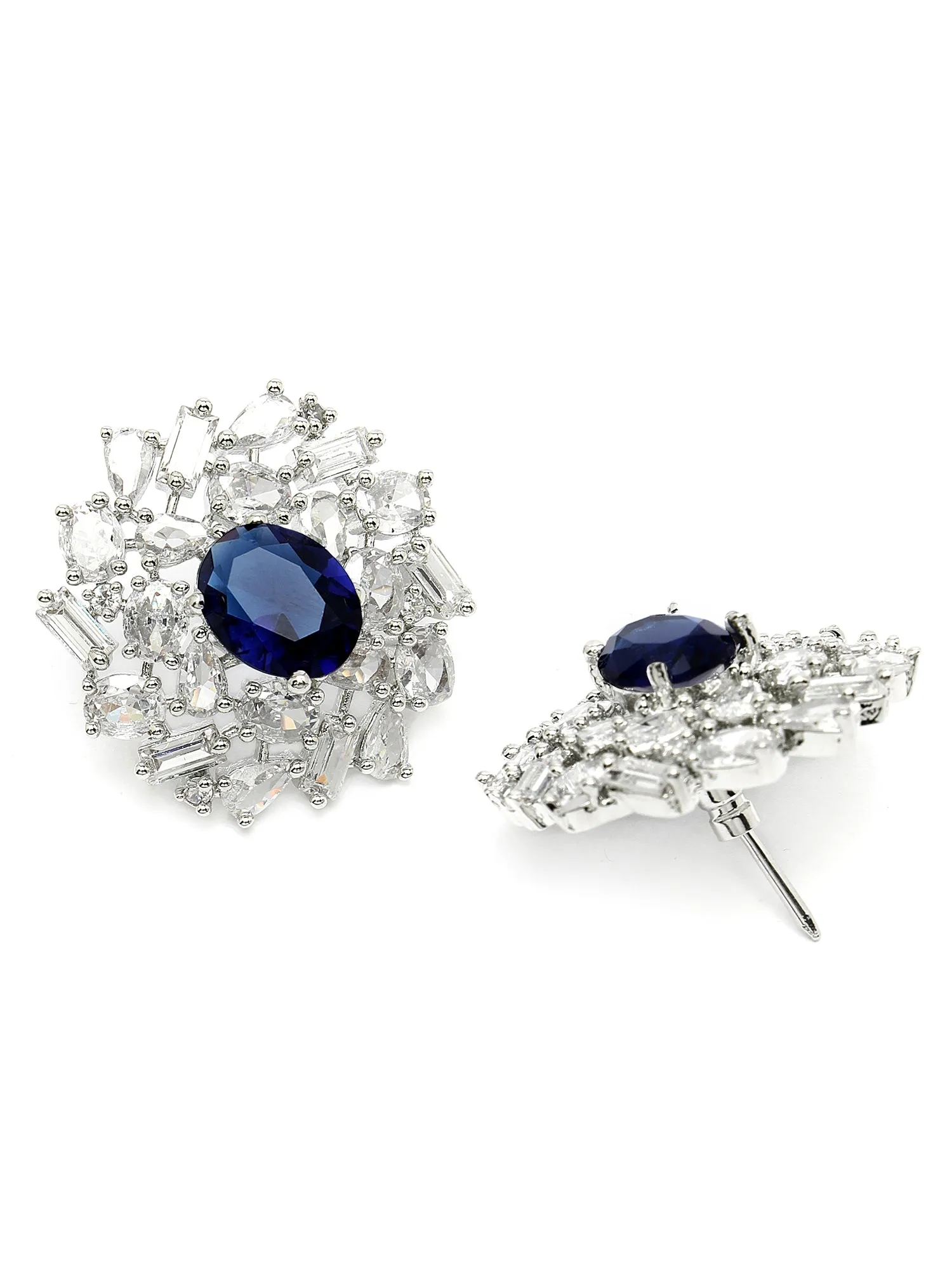 Karatcart Silver Plated Blue Oval Cubic Zirconia Floral Stud Earrings for Women