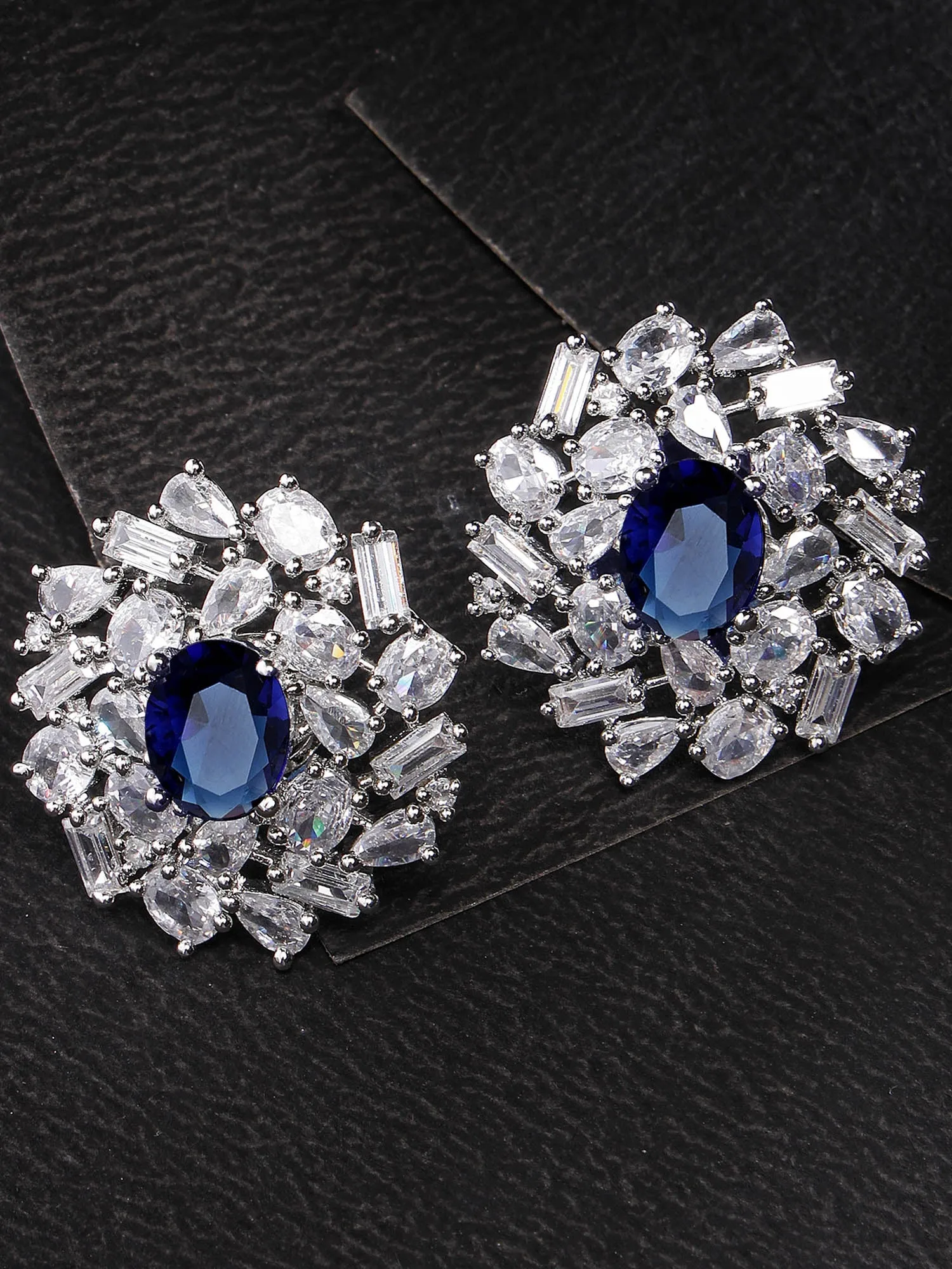 Karatcart Silver Plated Blue Oval Cubic Zirconia Floral Stud Earrings for Women