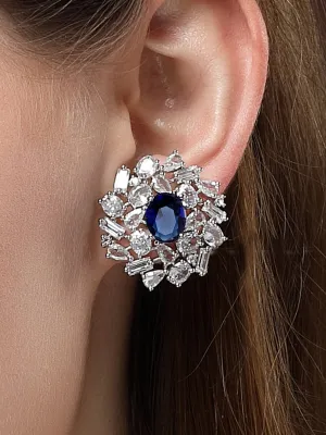 Karatcart Silver Plated Blue Oval Cubic Zirconia Floral Stud Earrings for Women