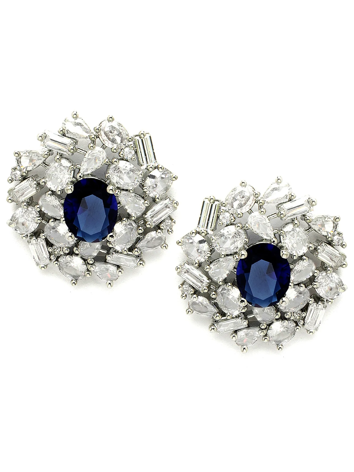 Karatcart Silver Plated Blue Oval Cubic Zirconia Floral Stud Earrings for Women