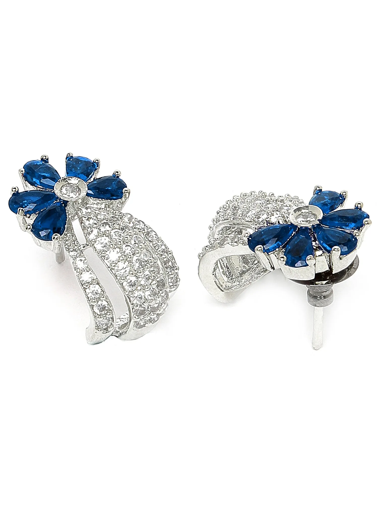 Karatcart Silver Plated Blue Stones Floral Design AD Stud Earrings for Women