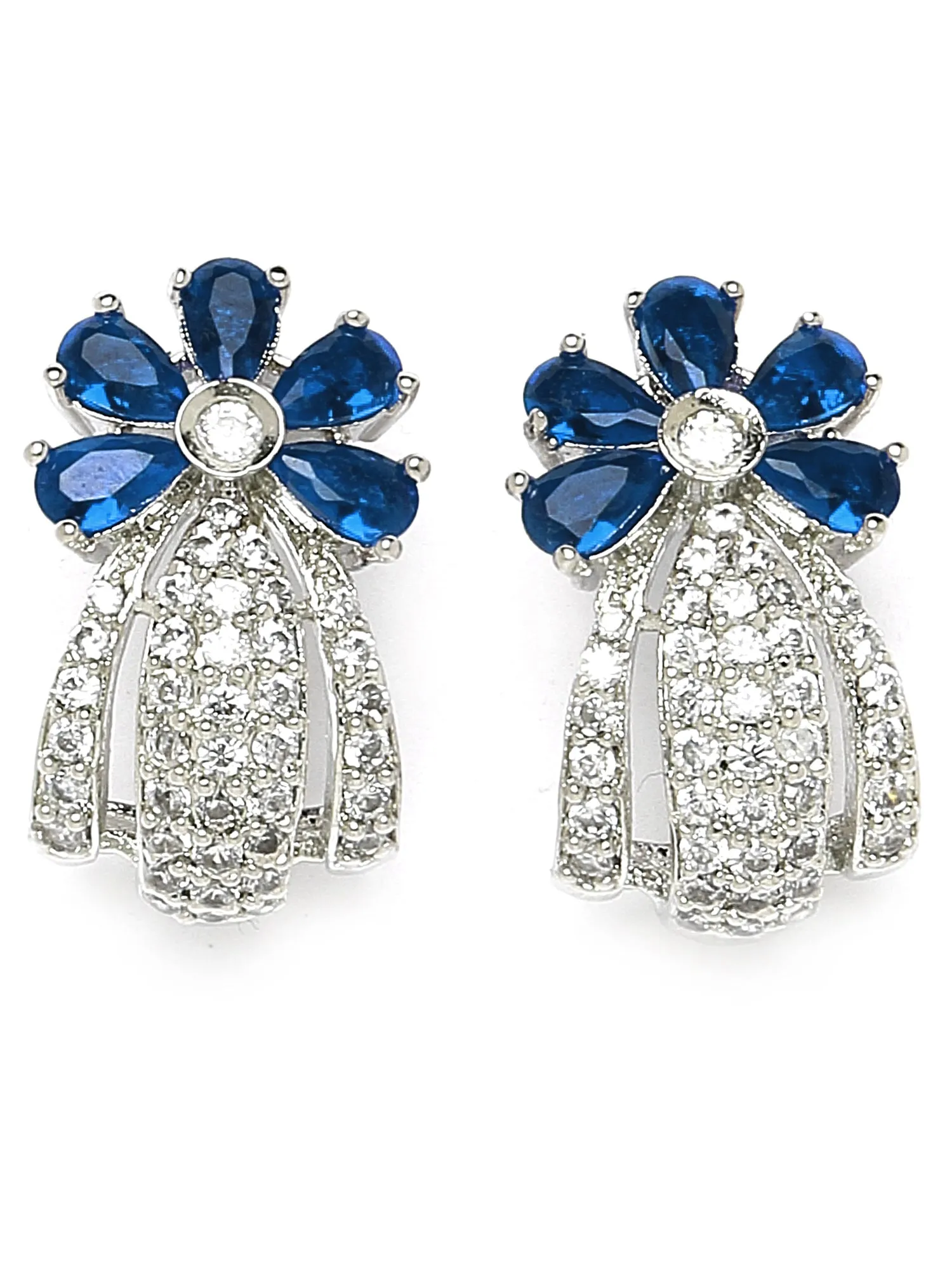 Karatcart Silver Plated Blue Stones Floral Design AD Stud Earrings for Women
