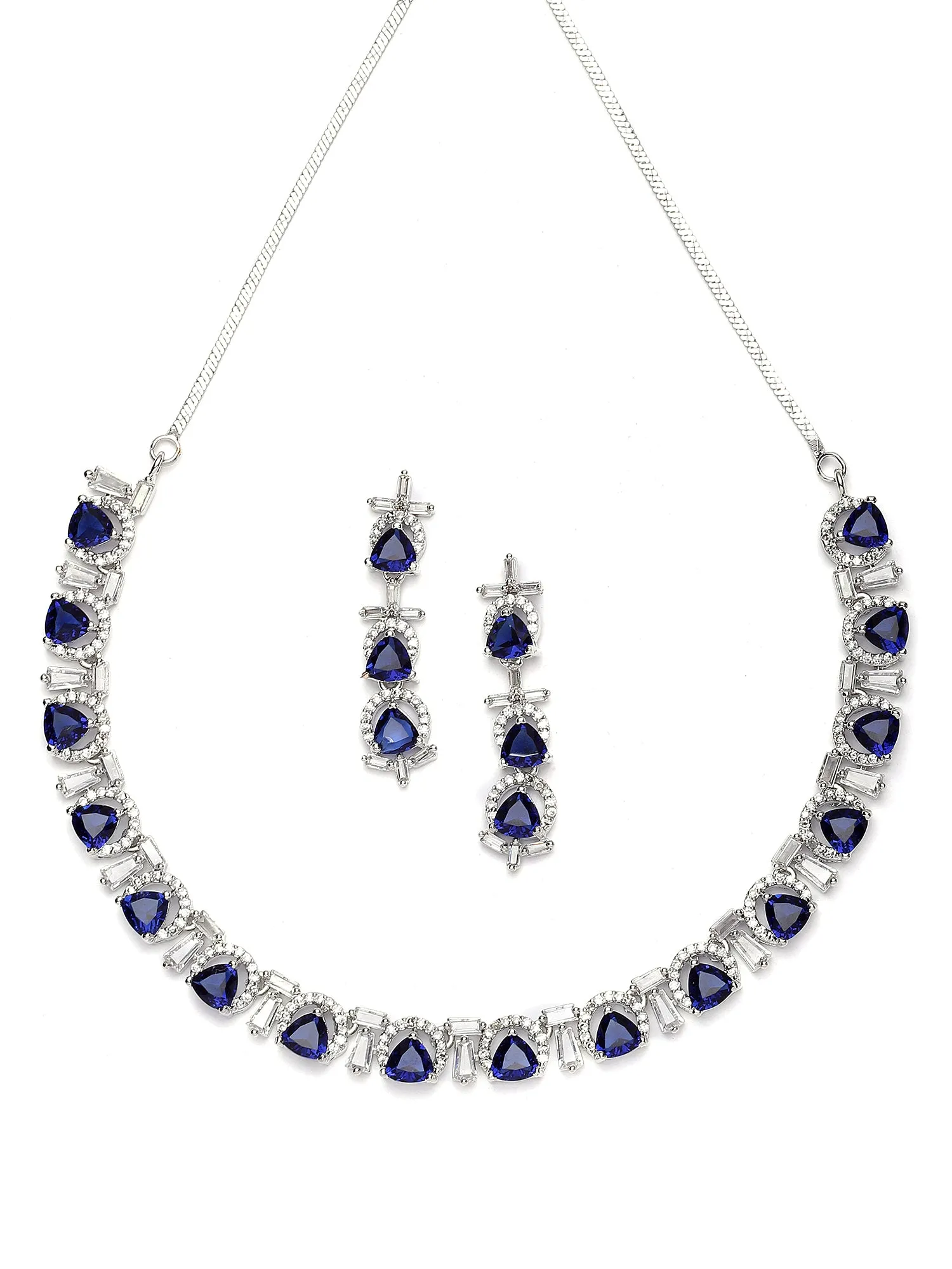 Karatcart Silver Plated Blue Triangular Cubic Zirconia Studded Necklace Set for Women
