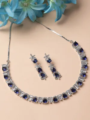 Karatcart Silver Plated Blue Triangular Cubic Zirconia Studded Necklace Set for Women