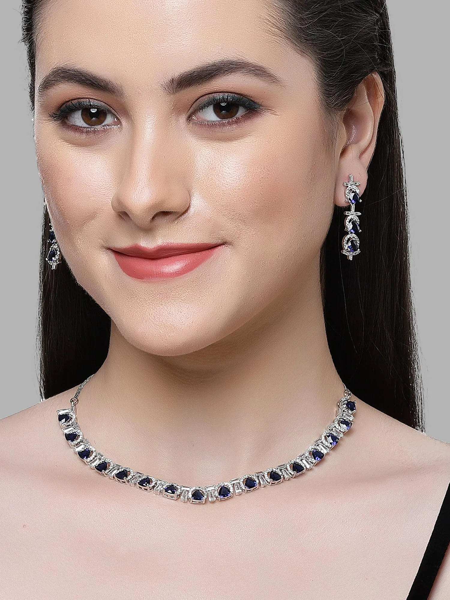 Karatcart Silver Plated Blue Triangular Cubic Zirconia Studded Necklace Set for Women