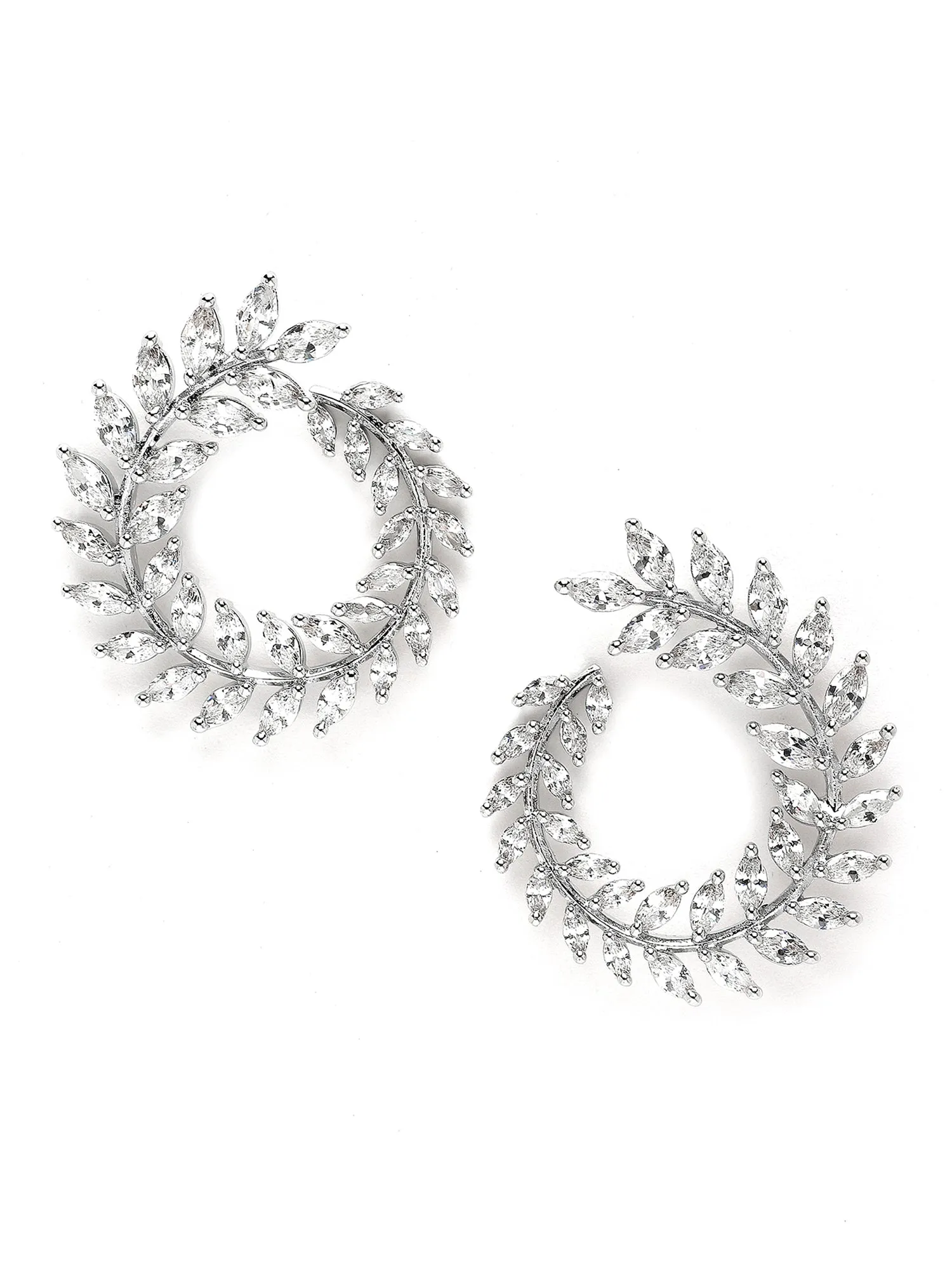 Karatcart Silver Plated Cubic Zirconia Leaf Branch Design Hoop Earrings for Women