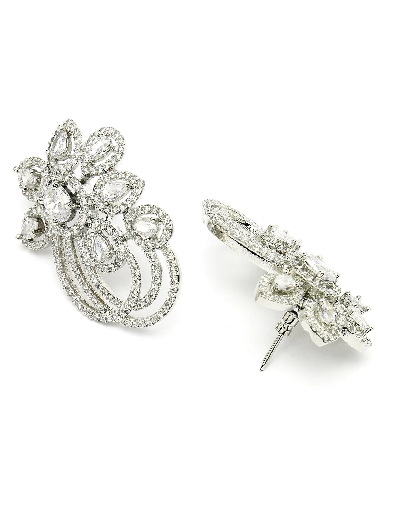 Karatcart Silver Plated Cubic Zirconia Studded Floral Stud Earrings for Women