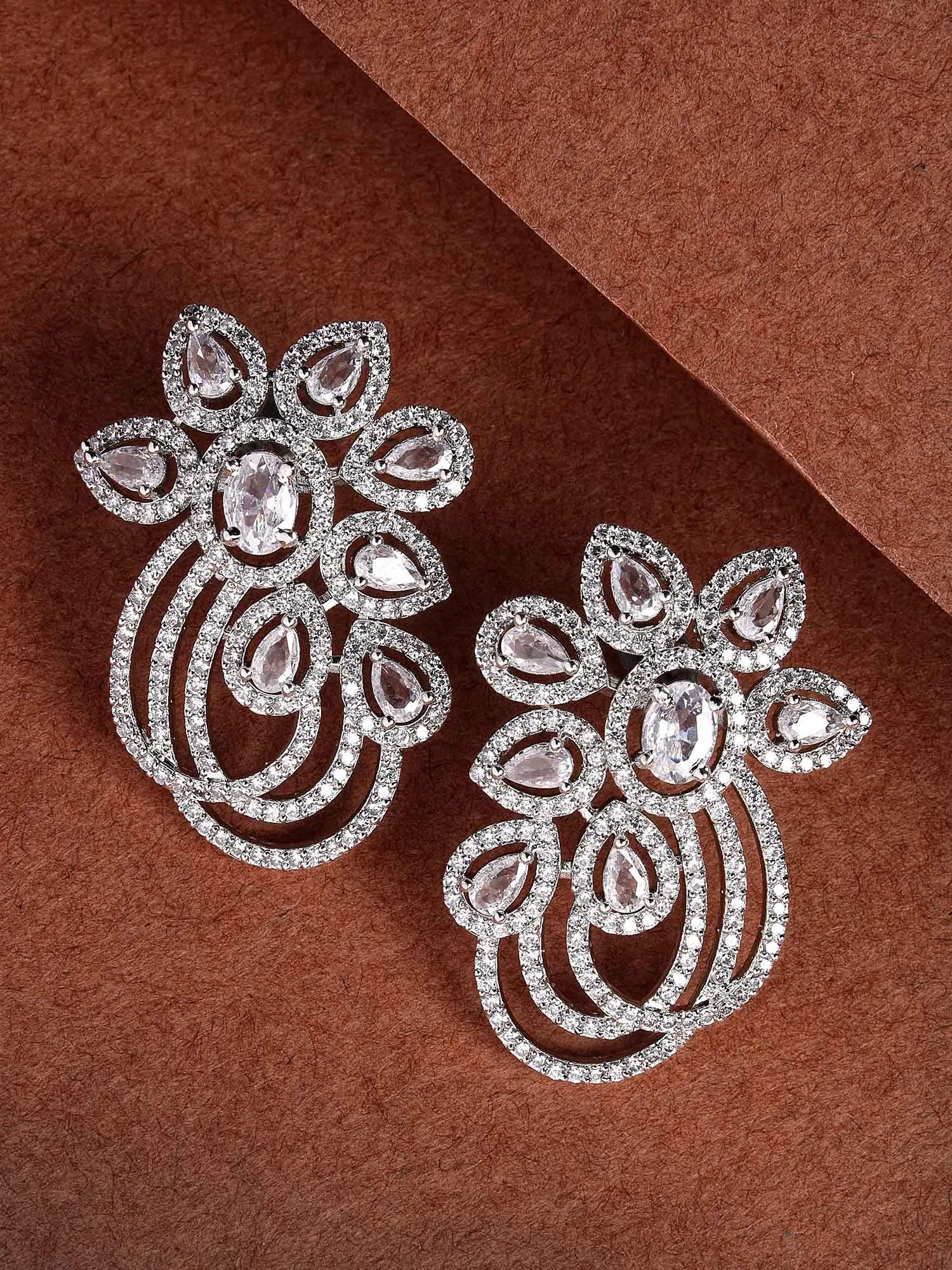 Karatcart Silver Plated Cubic Zirconia Studded Floral Stud Earrings for Women