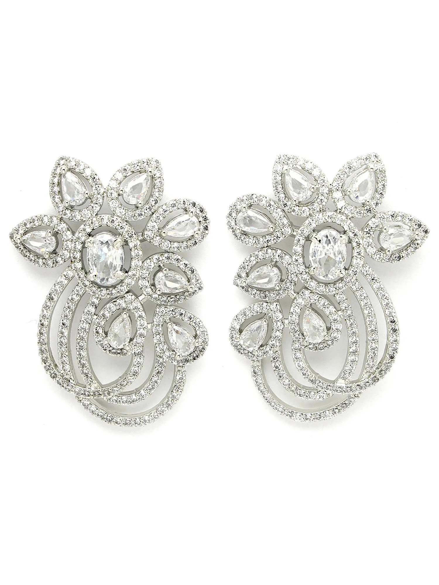 Karatcart Silver Plated Cubic Zirconia Studded Floral Stud Earrings for Women