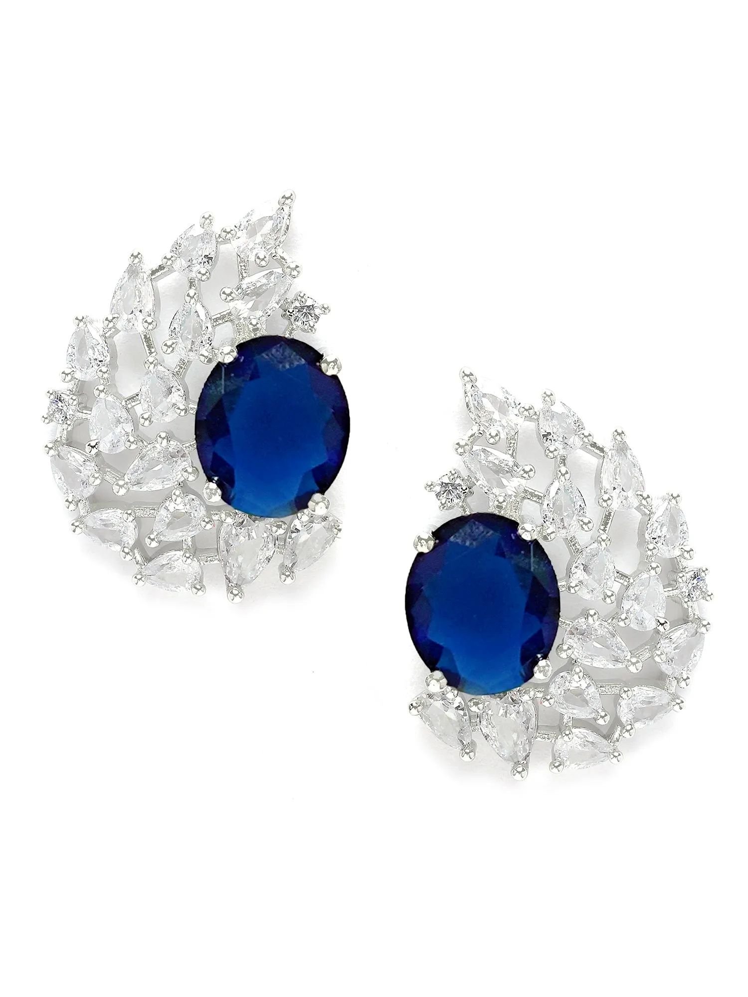 Karatcart Silver Plated Drop Design Blue Cubic Zirconia Stud Earrings for Women